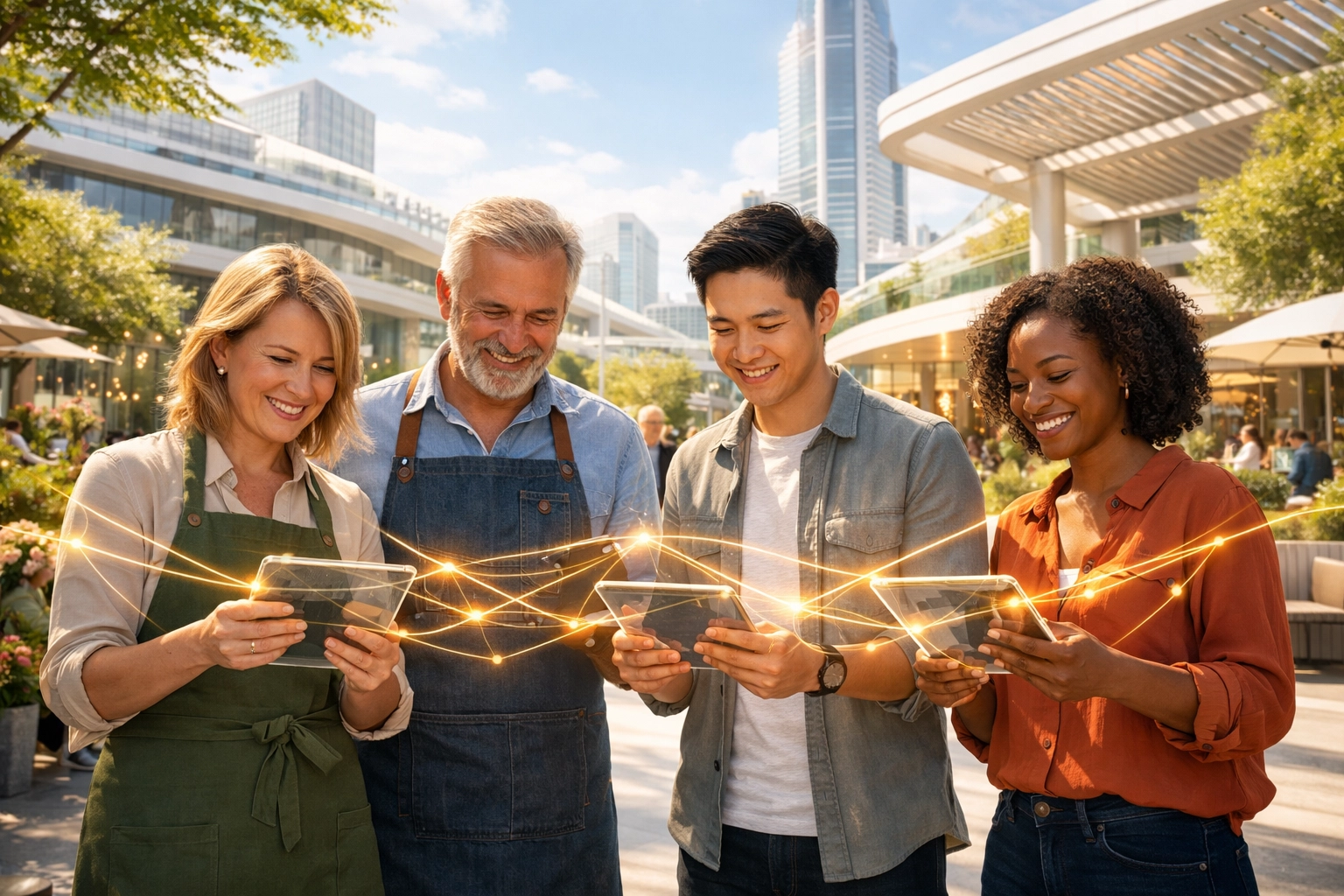 Small business owners using a decentralized blockchain payment network for Web3 commerce.