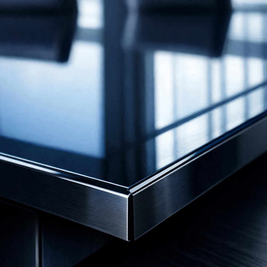 Detailed view of a streak-free executive boardroom table cleaned by professional commercial janitors in Beverly, MA.