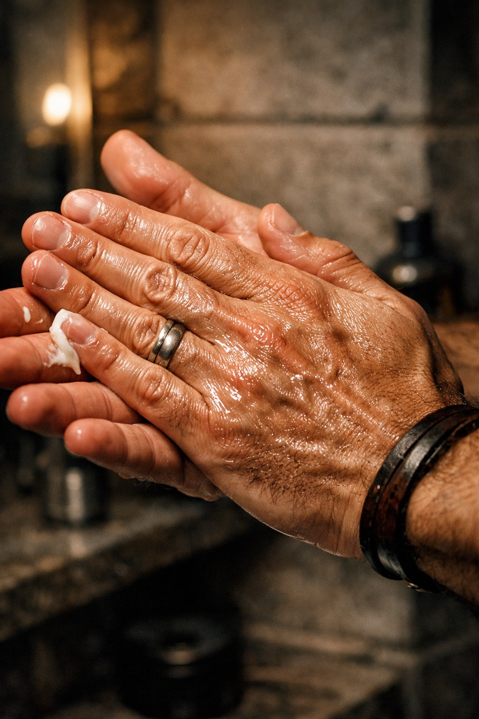 Melting a scoop of beard butter between palms to soften facial hair during a daily grooming routine.