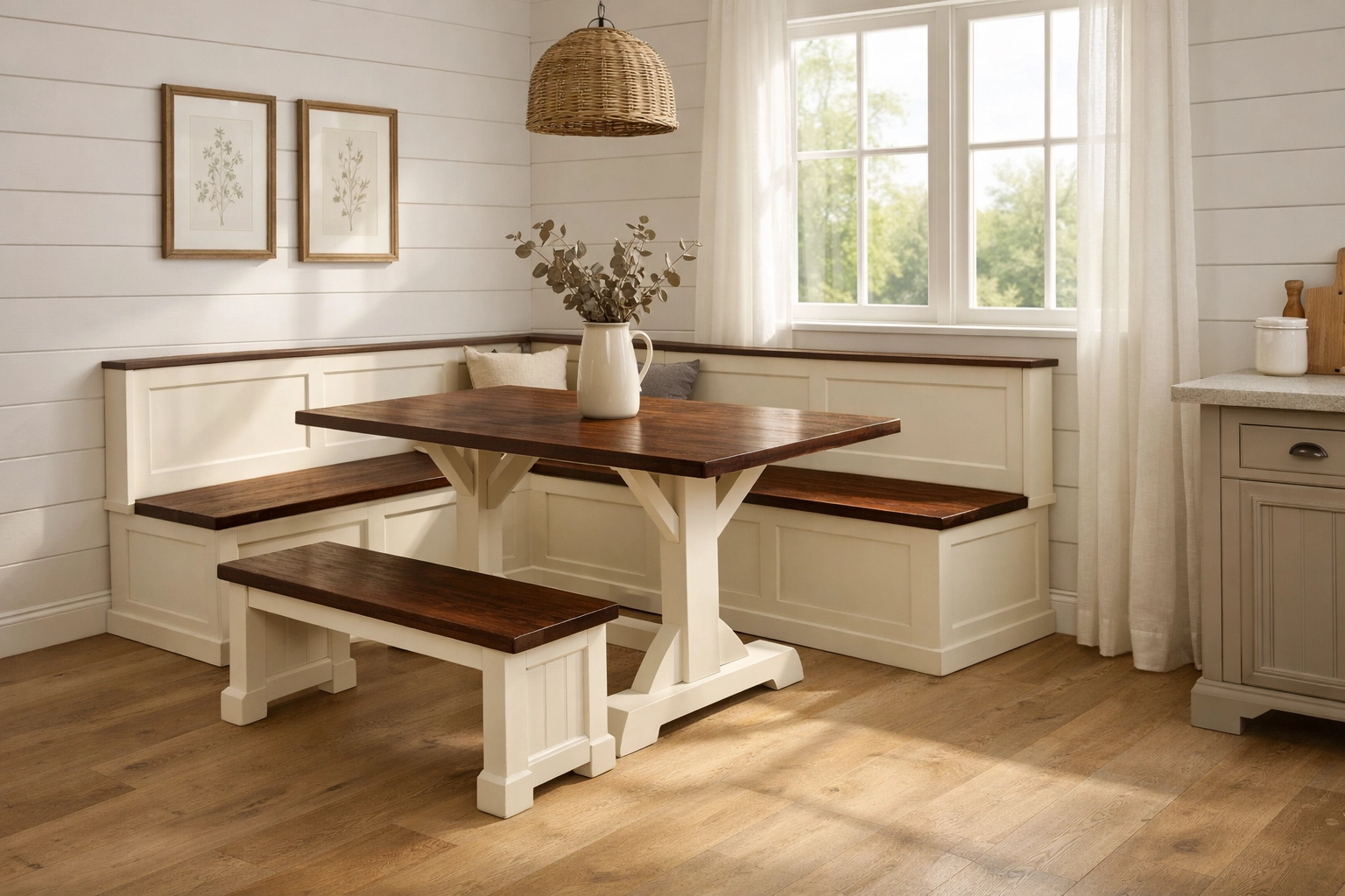 Off-white Pemberly Row breakfast nook set in a sun-drenched modern cottage kitchen corner.