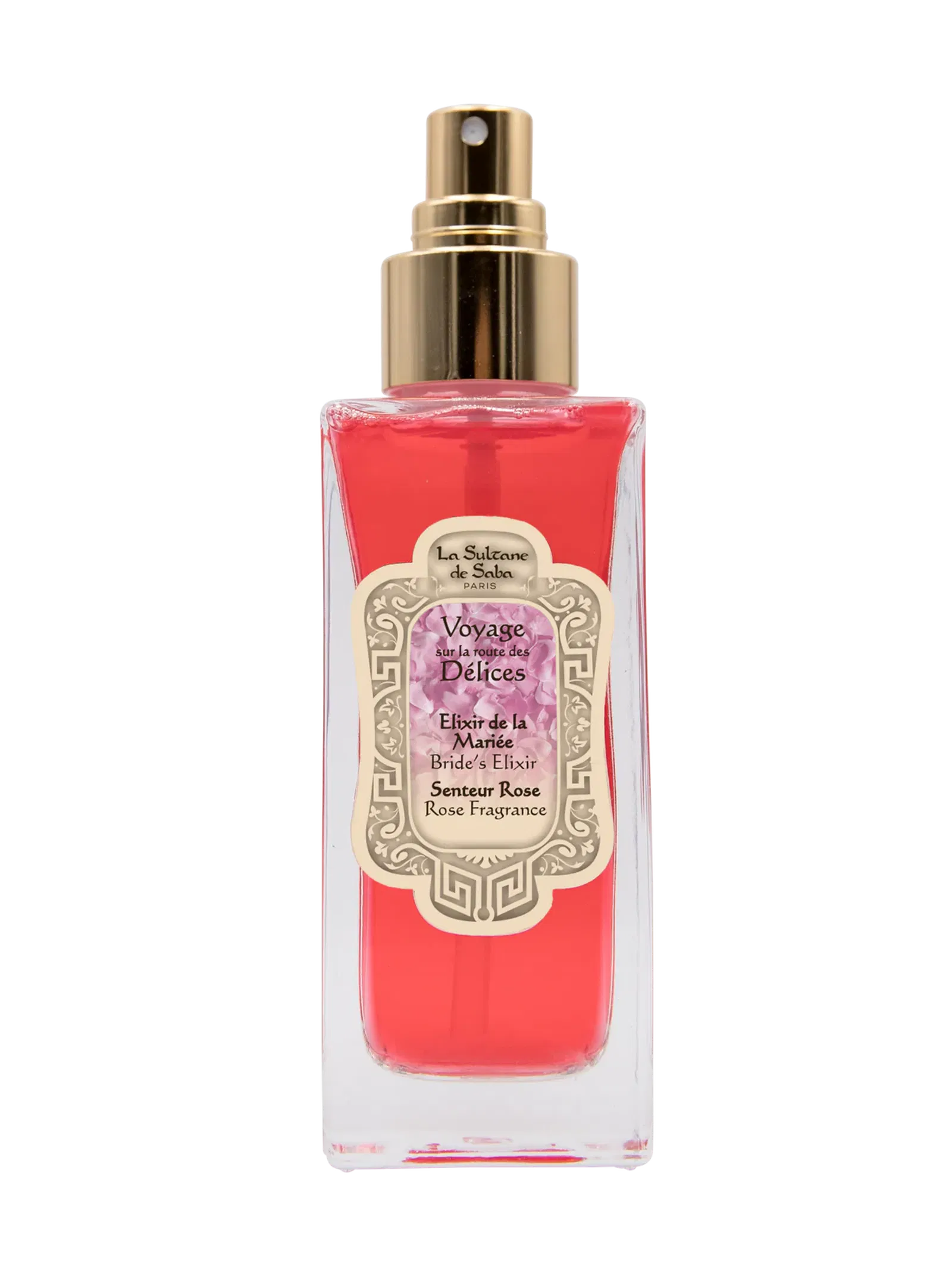 Elegant glass bottle of La Sultane de Saba used for premium treatments