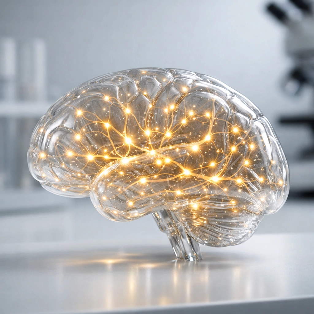 Glass brain model illustrating neurogenesis and neural pathways for peptide therapy research.