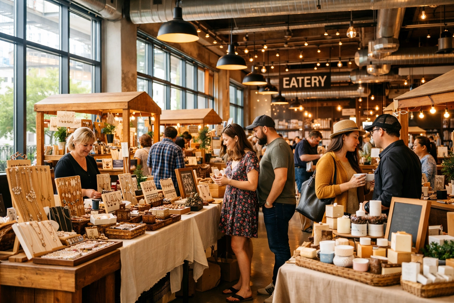 Shoppers exploring local artisan vendors at a Boise indoor winter market Shoppers exploring local artisan vendors at a Boise indoor winter market