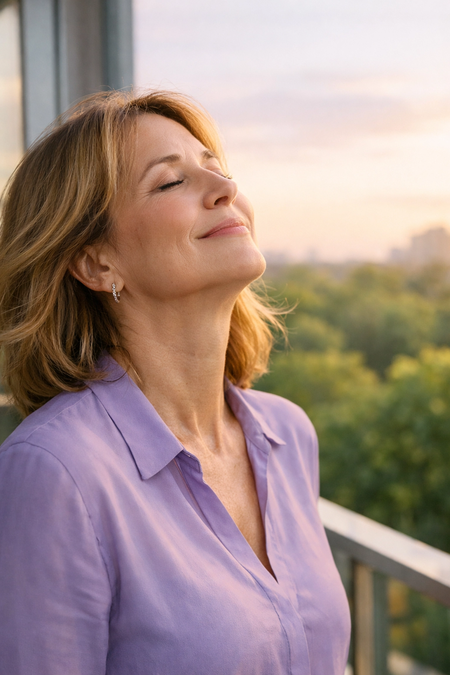 A woman in midlife takes a deep breath by a window to reset her focus and clear menopause brain fog.