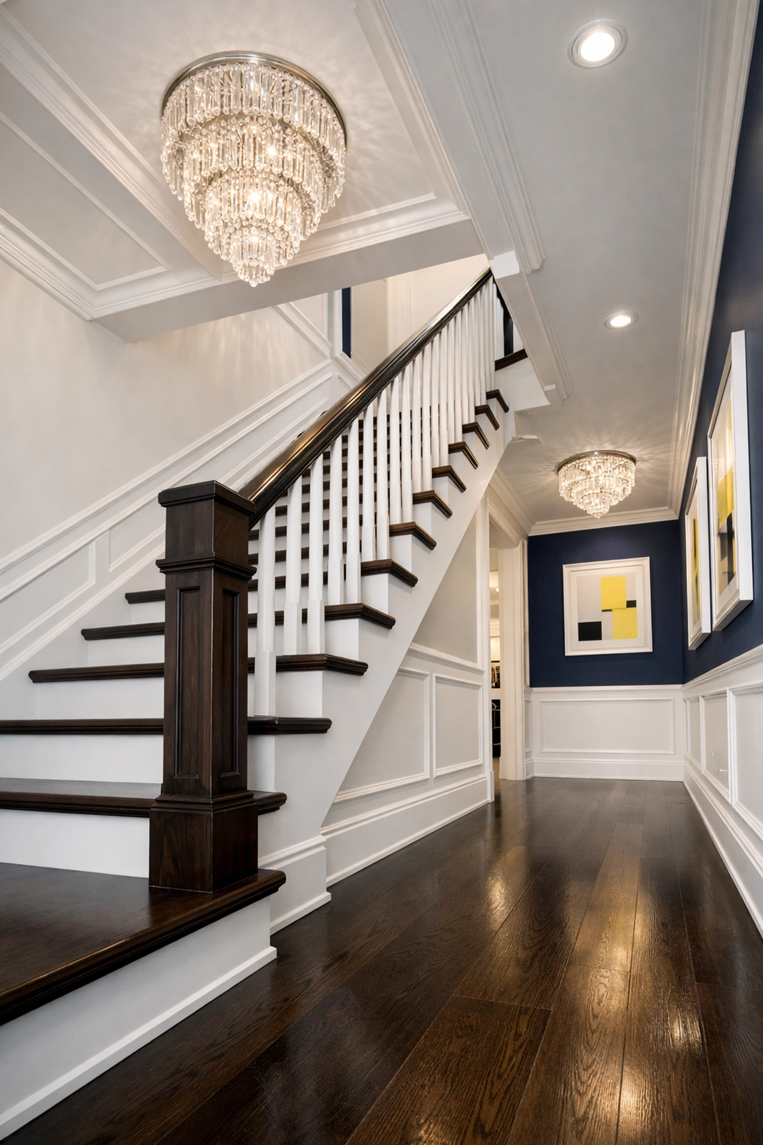 Deeply cleaned luxury staircase and hallway highlighting top residential cleaning Massachusetts services.