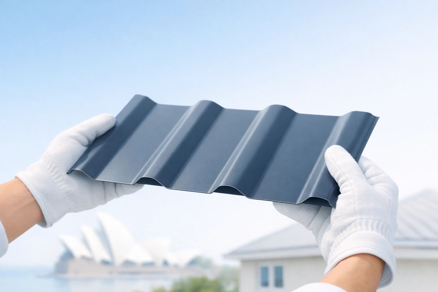 Professional roofers in Sydney examining premium metal roofing material for a residential project.