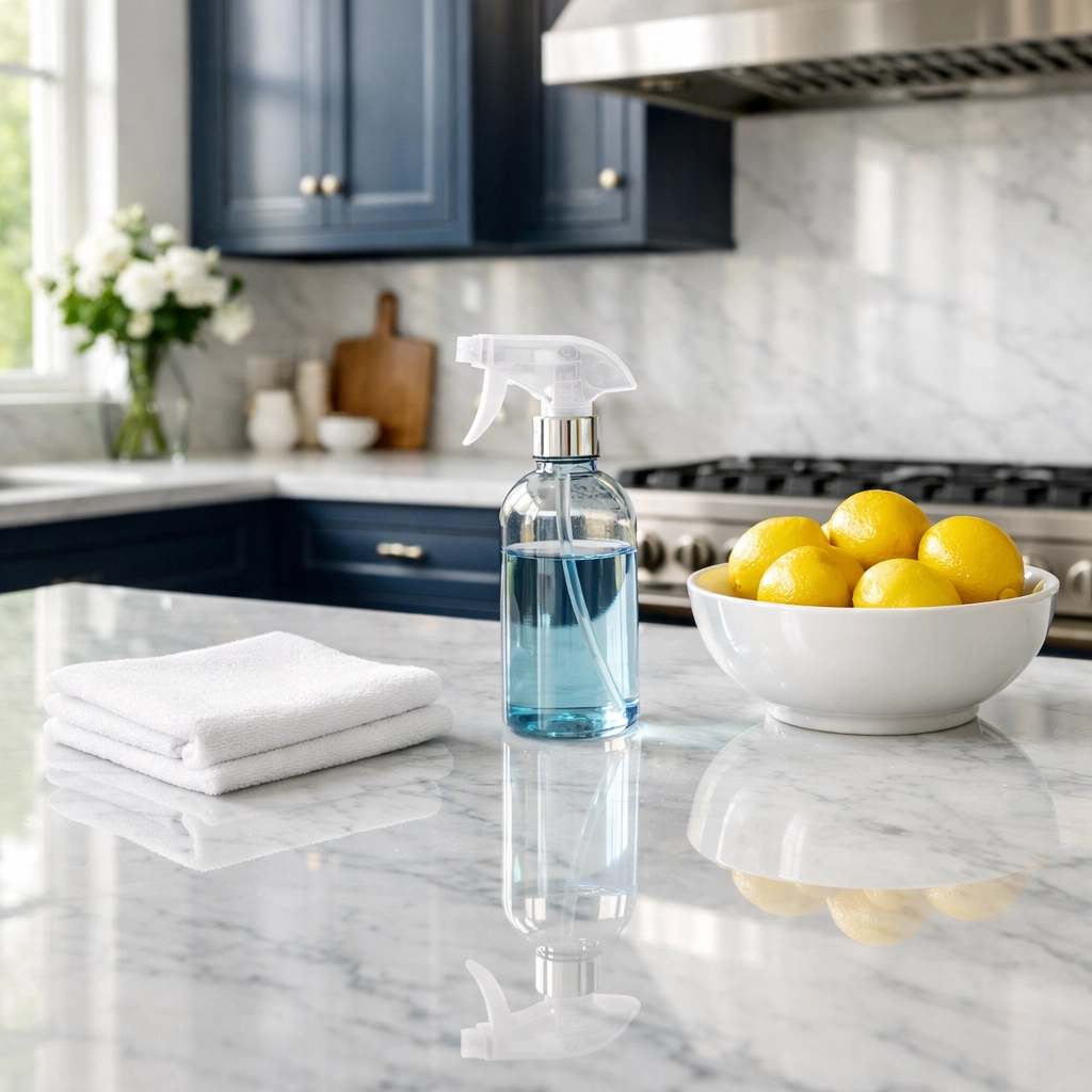 Polished white marble countertops in a Carlisle kitchen representing luxury residential cleaning services.