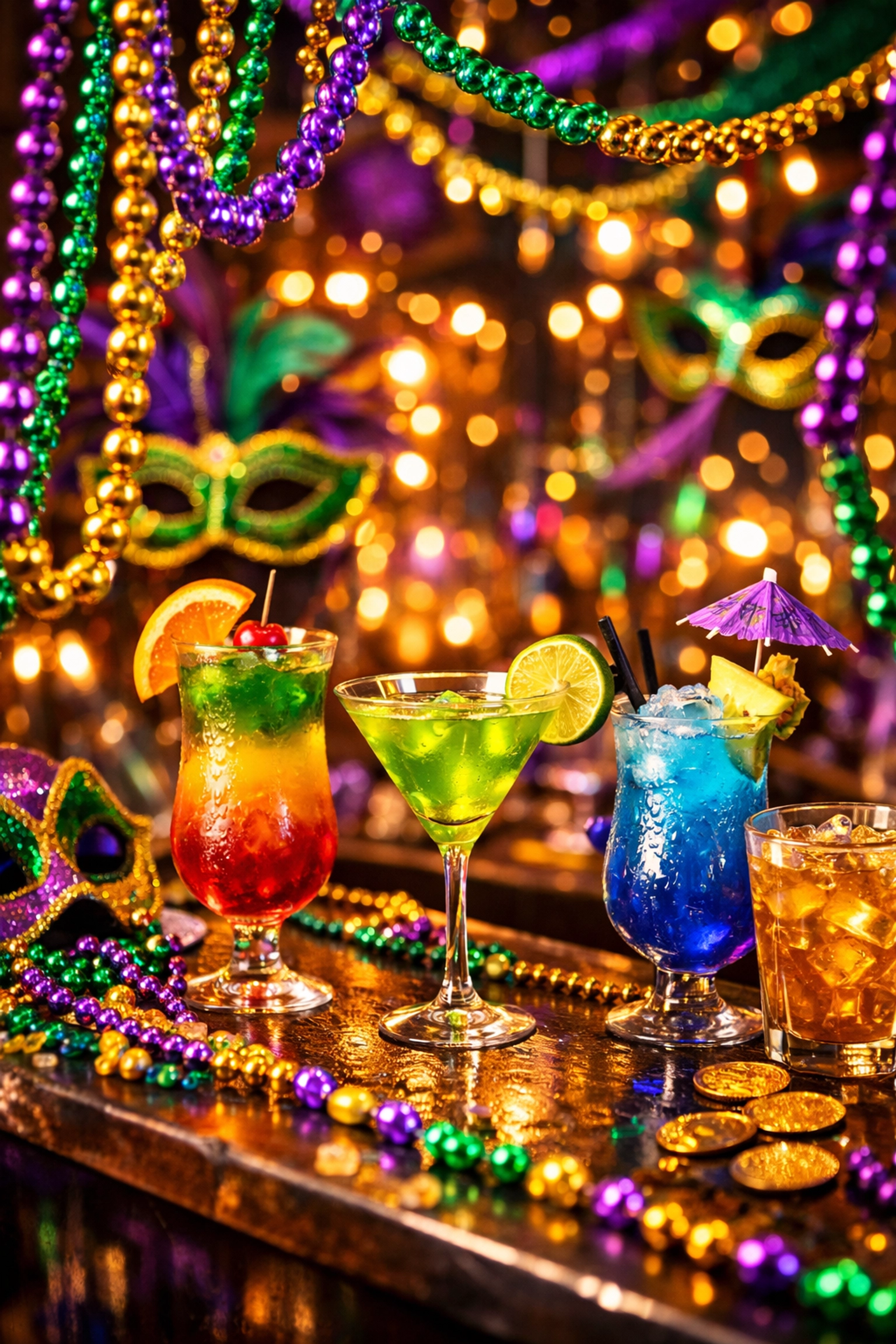 Mardi Gras celebration with festive decorations and cocktails for Pittsburgh bar hopping