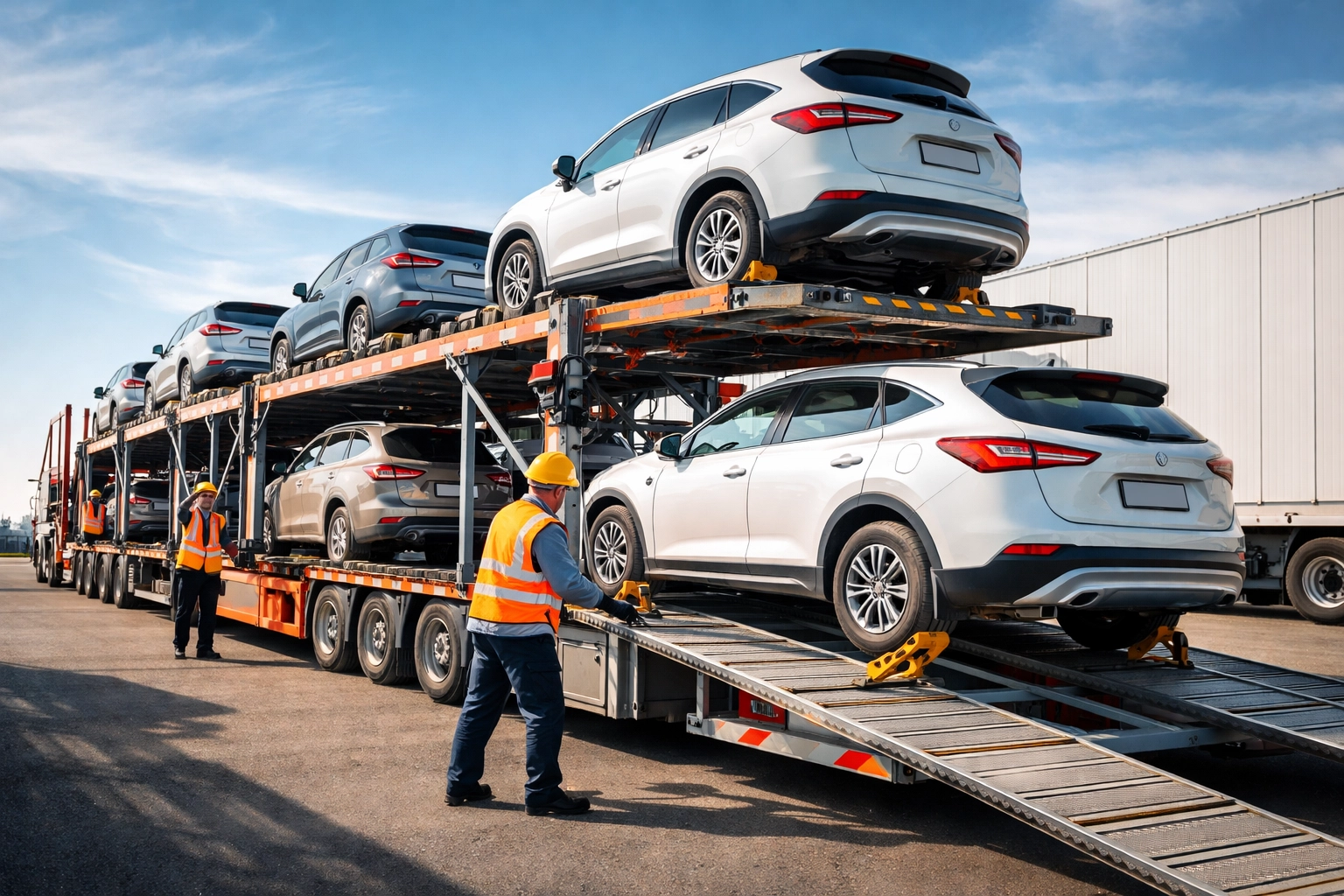 Vehicles being carefully loaded onto car carrier trucks by PSI staff, showcasing precision in vehicle logistics.