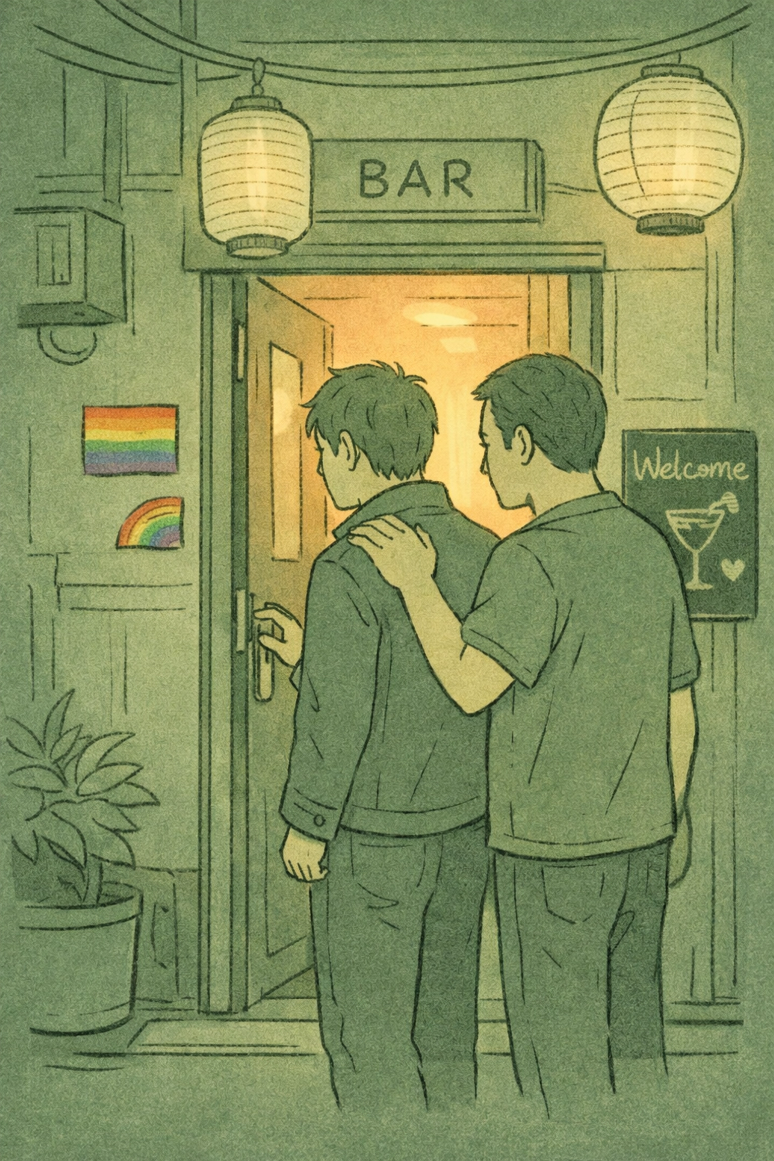 Two men entering Shinjuku Ni-chome gay bar for first time, Tokyo LGBTQ+ safe space