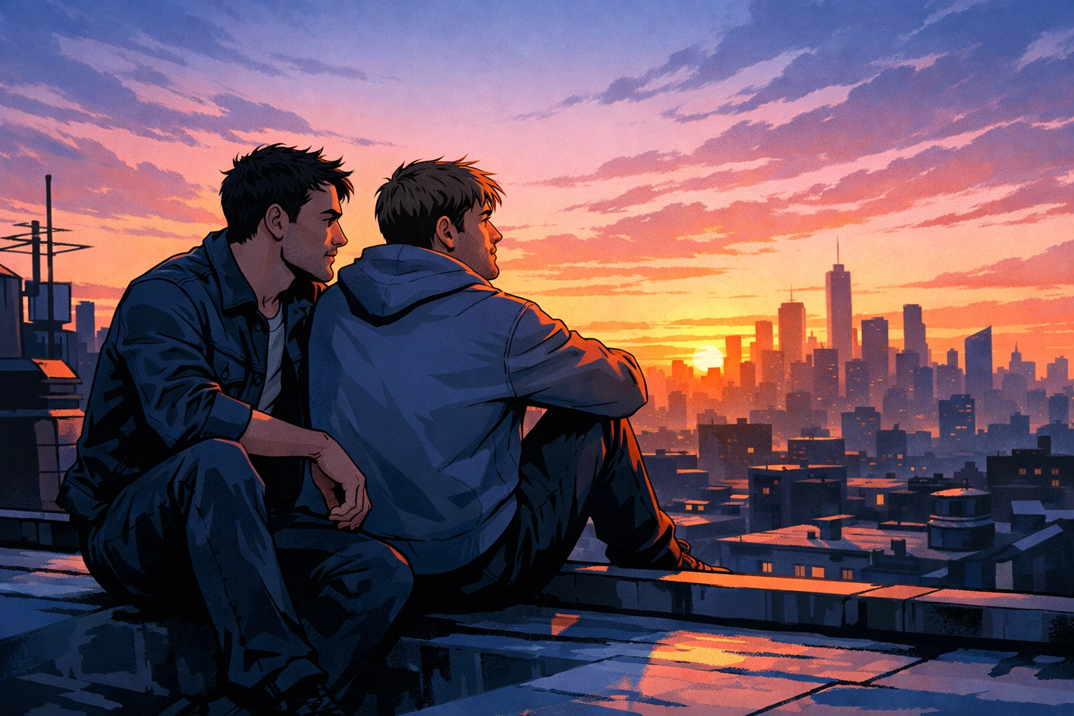 Two men sharing vulnerable moment on rooftop at sunrise in gay romance scene