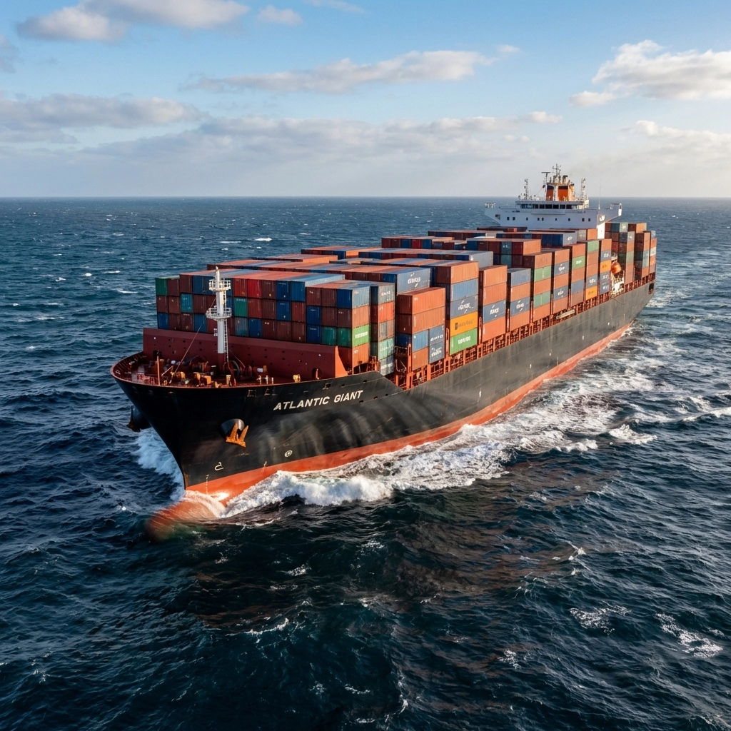 Cargo container ship crossing the Atlantic, showcasing international shipping routes between Nigeria and the United States.