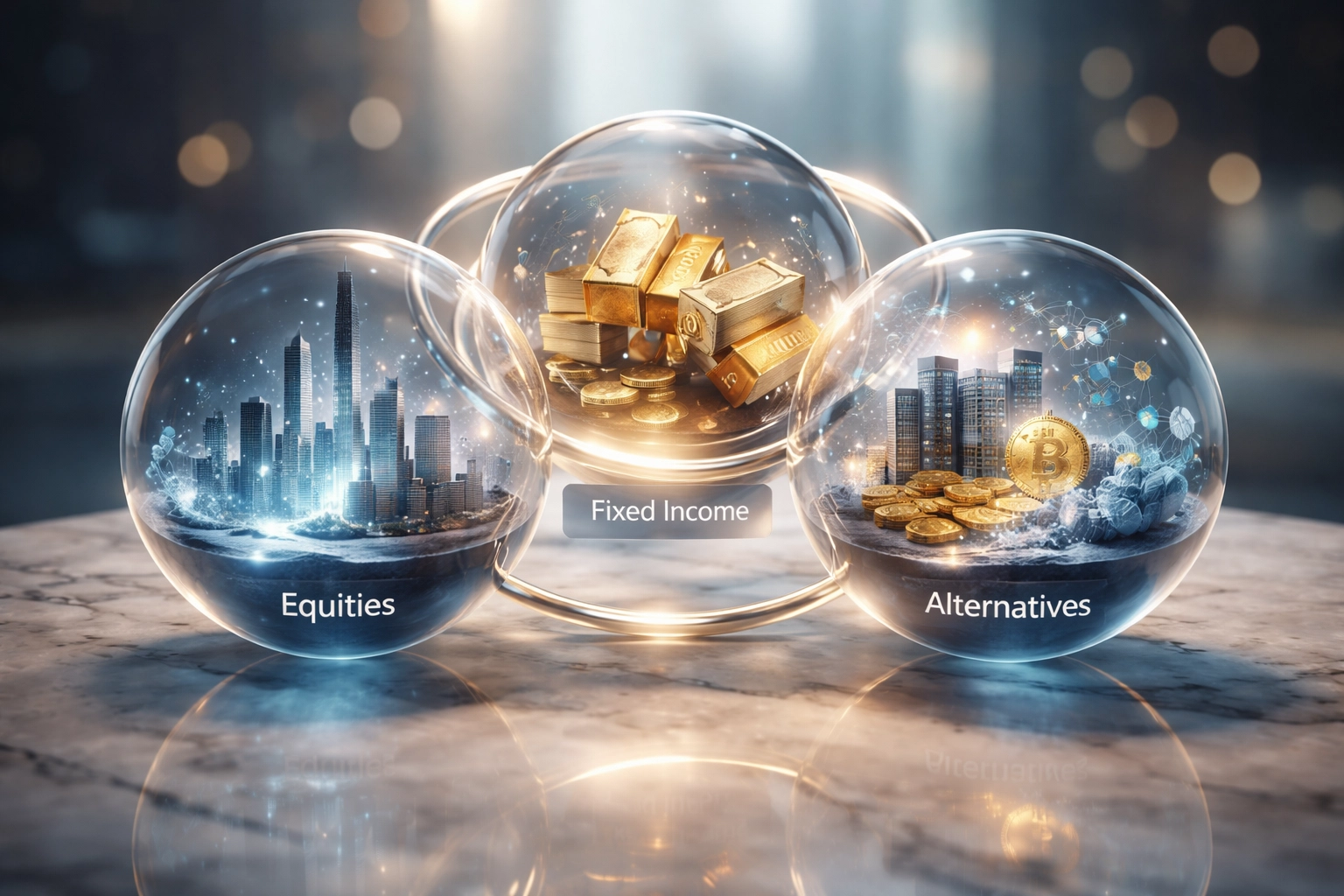 Three glass spheres representing equities, fixed income, and alternative investments in a diversified portfolio.