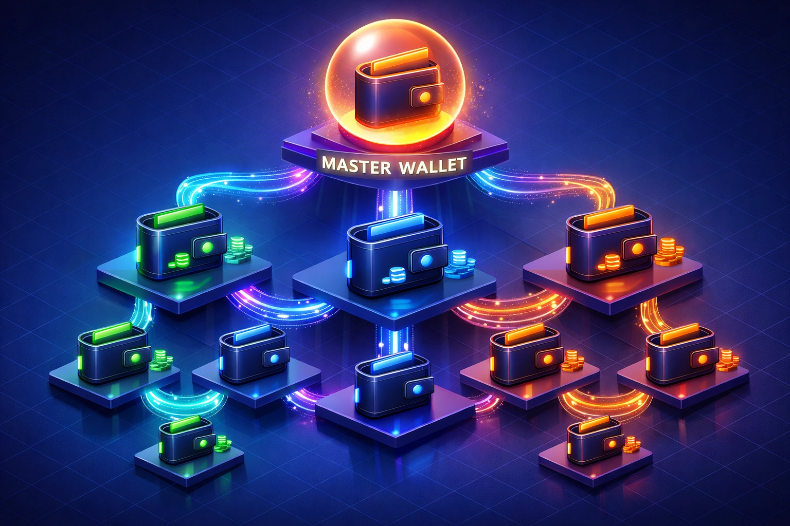 Master wallet and sub-wallet network structure for enterprise blockchain organization management