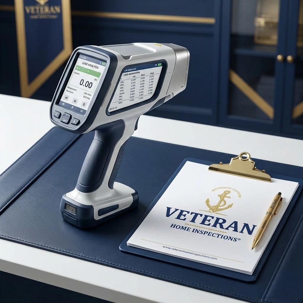 A modern handheld XRF lead paint analyzer sitting on a professional inspection clipboard.