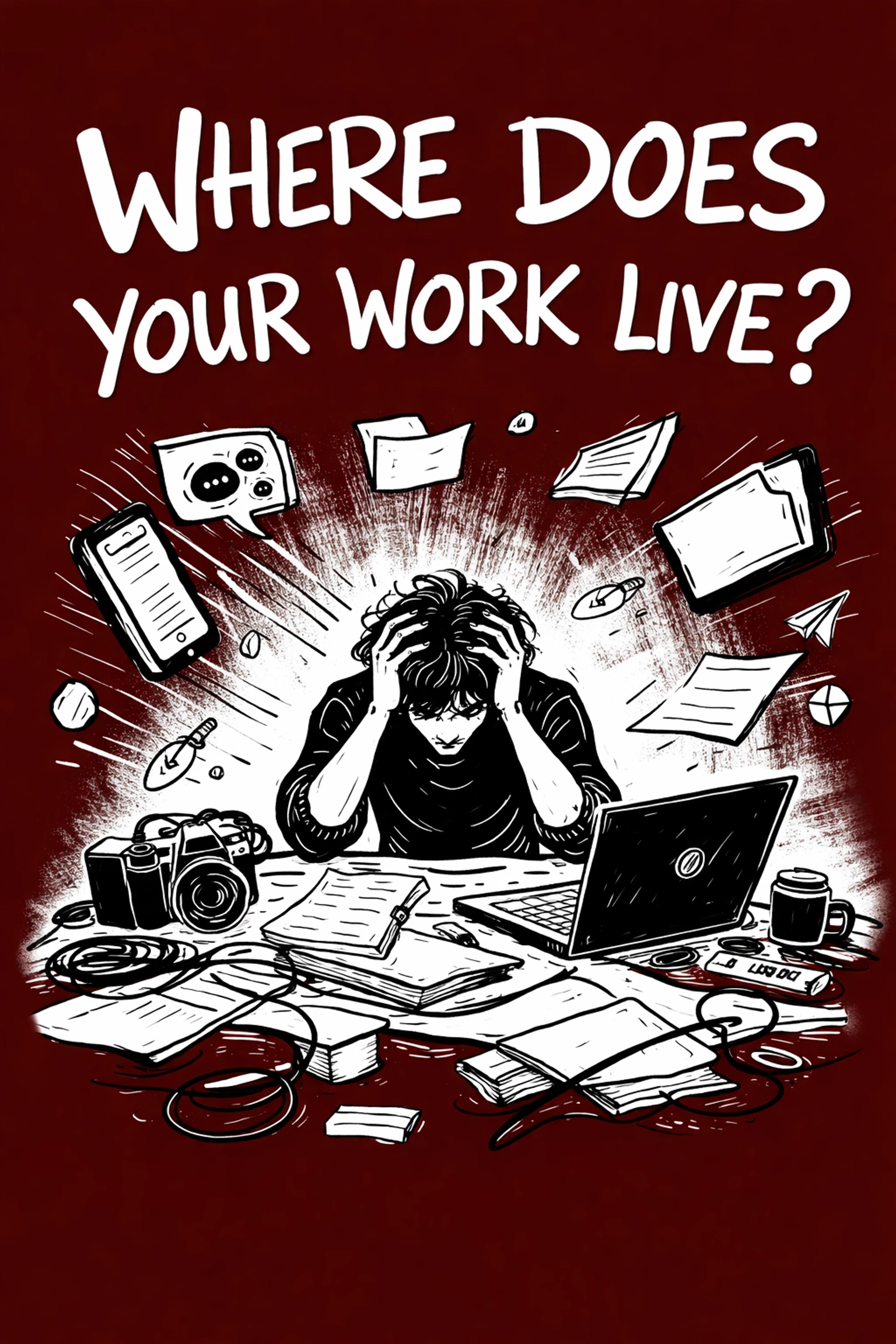 Overwhelmed creative professional at cluttered desk, representing fragmented systems for artists and creators.