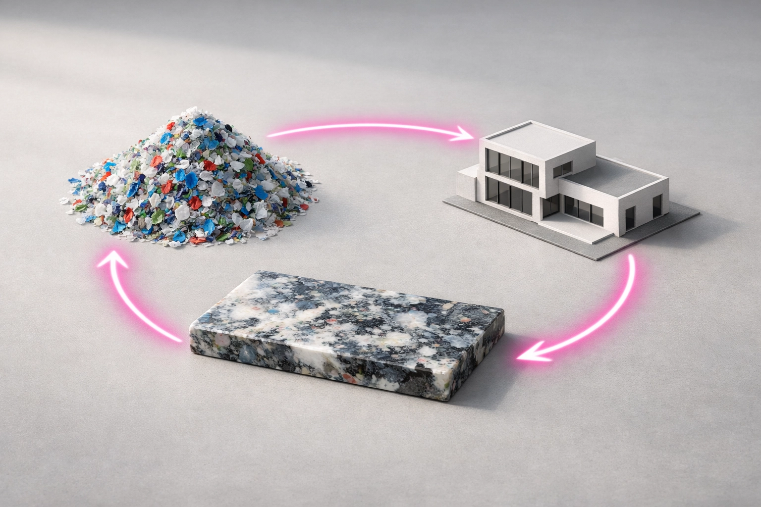 Circular lifecycle of sustainable building materials Australia from shredded plastic waste to recycled panels.