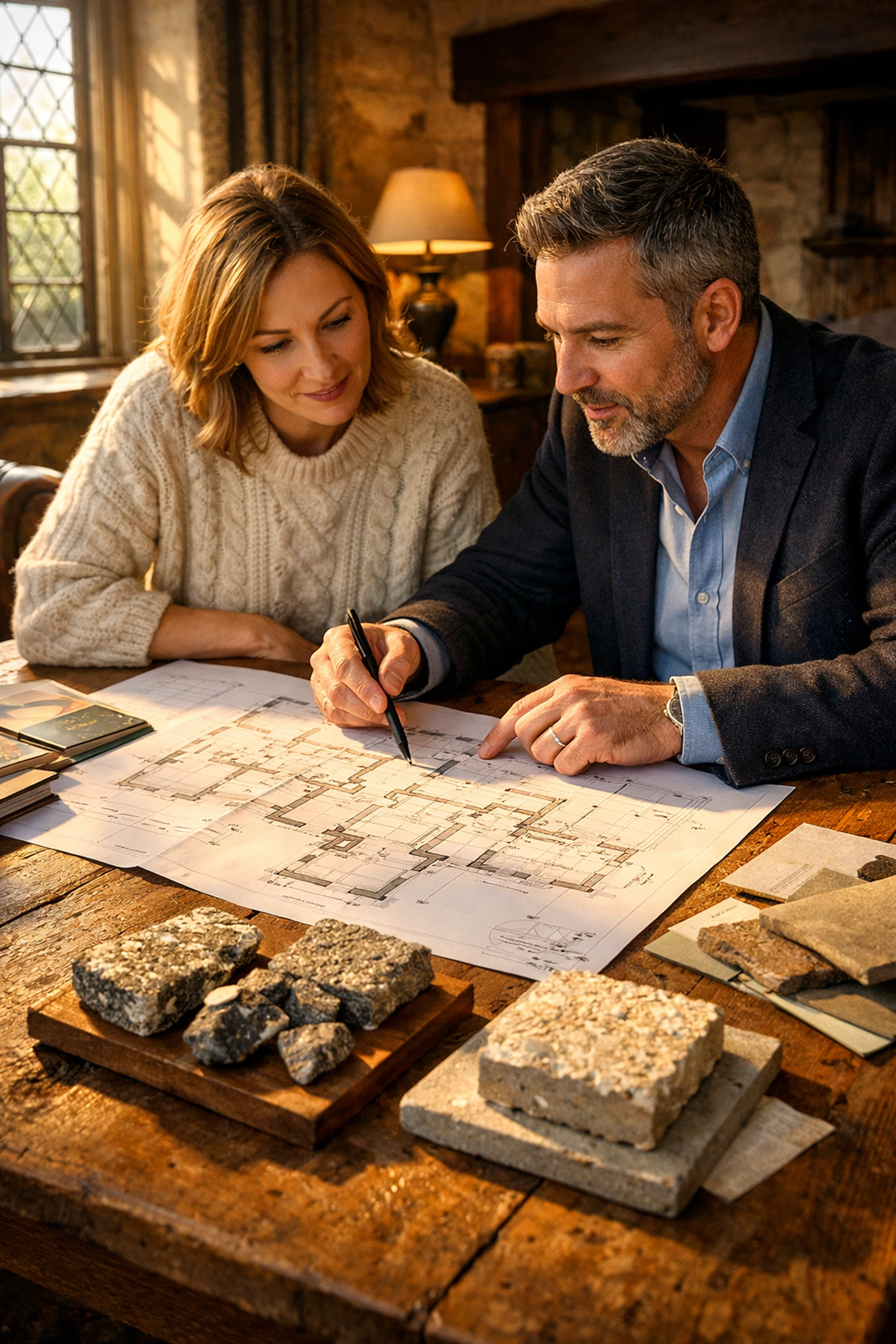 Homeowner and specialist reviewing plans for a heritage renovation in Chichester.