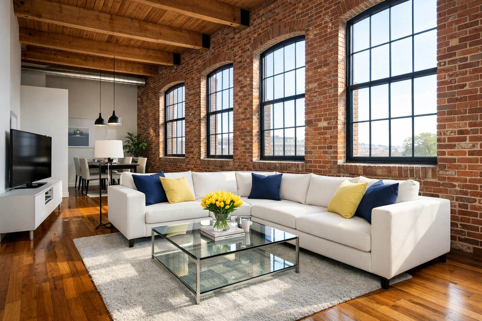 Clean historic Lowell mill loft with spotless floors and brick walls by professional maid services Lowell.