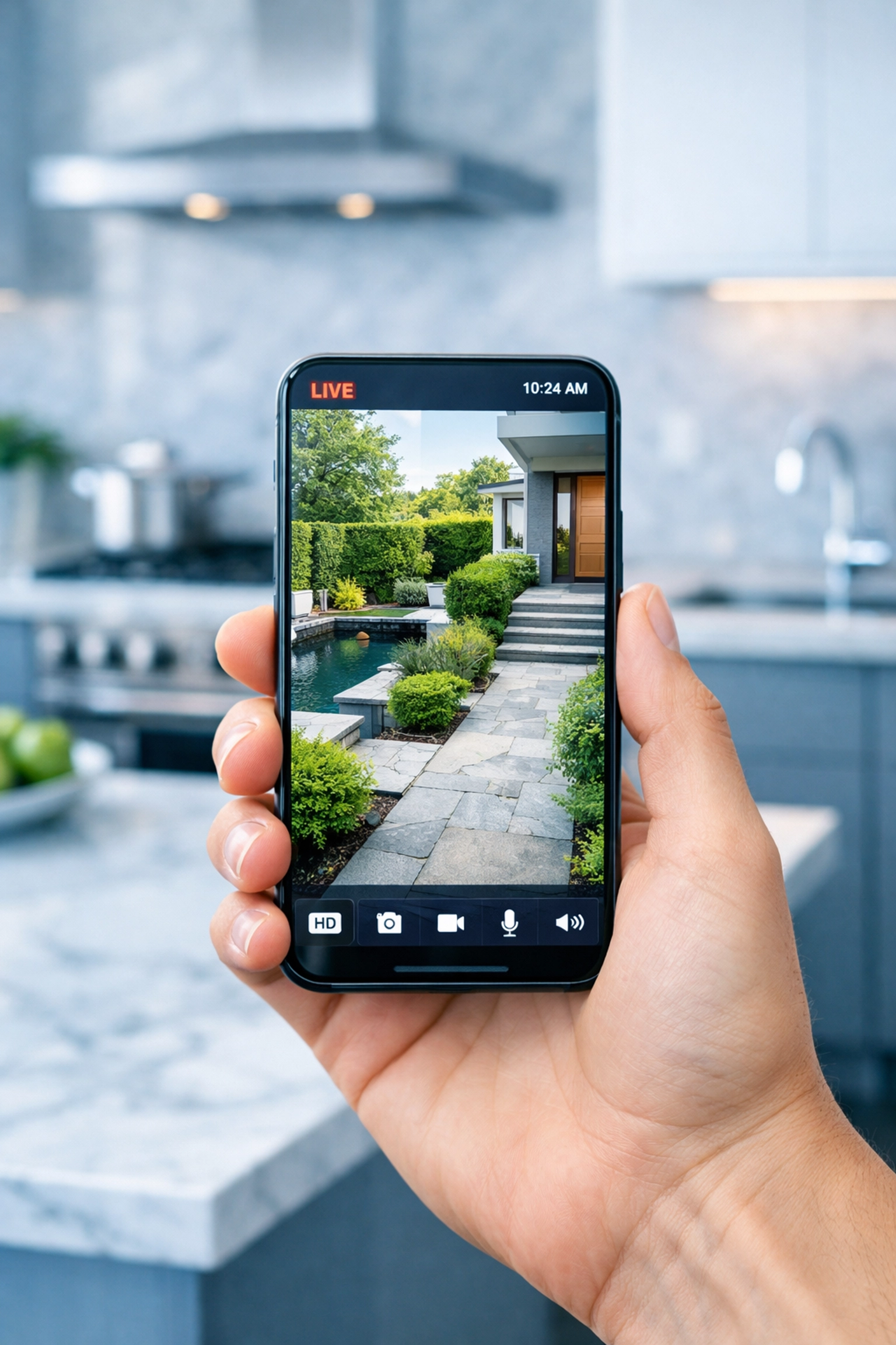 Smartphone displaying crystal-clear security camera footage over a stable high-speed WiFi network.