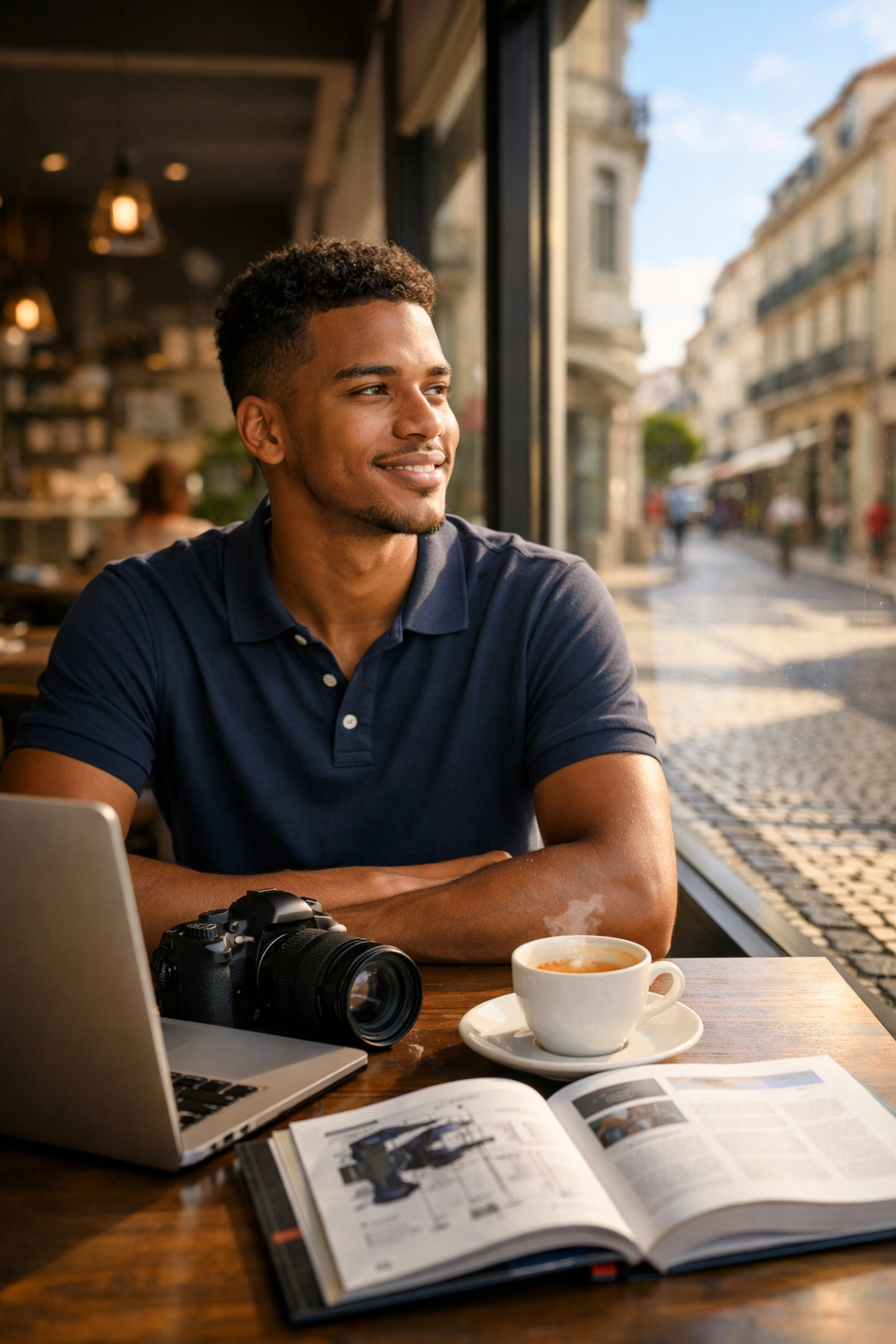 Estudante cabo-verdiano focado no seu curso profissional e trabalho em Portugal, num café moderno em Lisboa.
