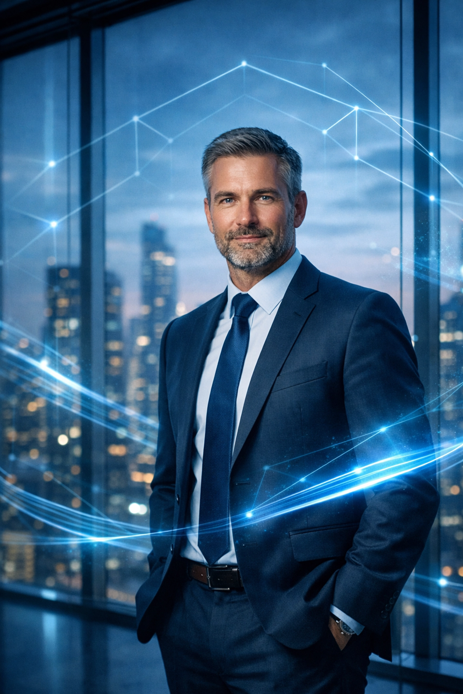 Confident business leader in a modern office protected by an automated digital security shield and SecurityEdge.