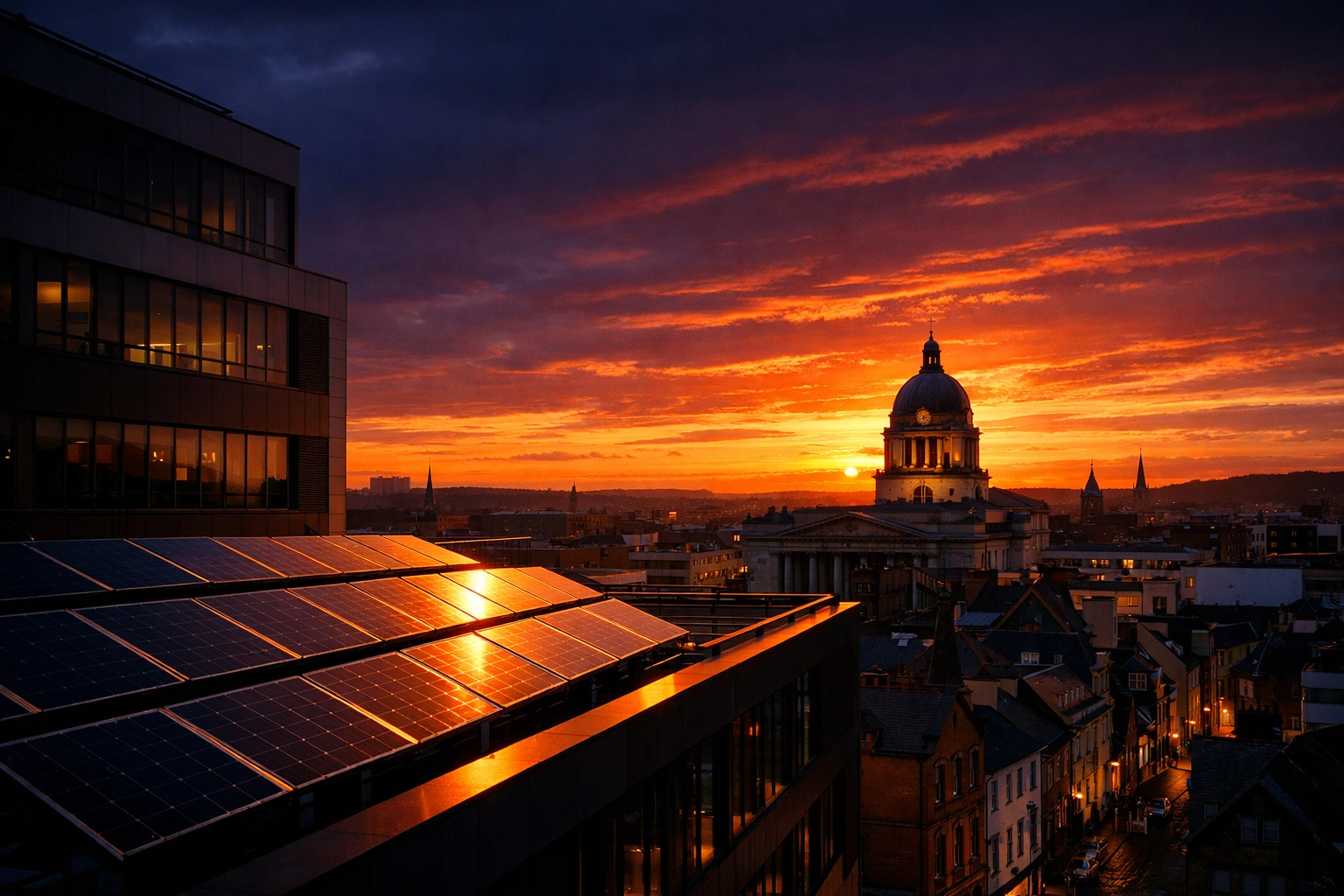 Nottingham city skyline at sunset with commercial rooftop solar panels for grant applications.