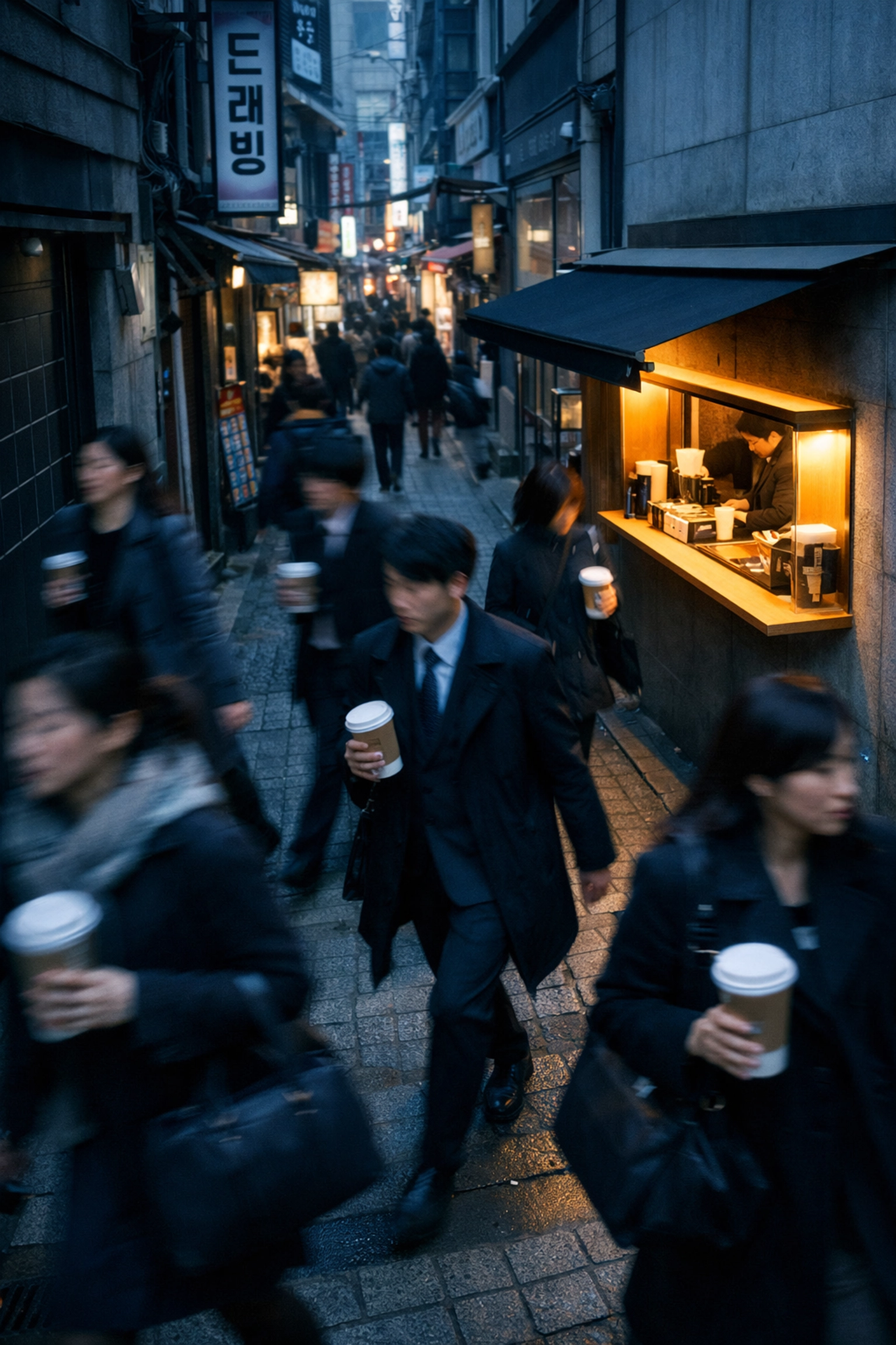 Busy Seoul street at dusk with people carrying coffee, highlighting the roots of Korean urban coffee culture.