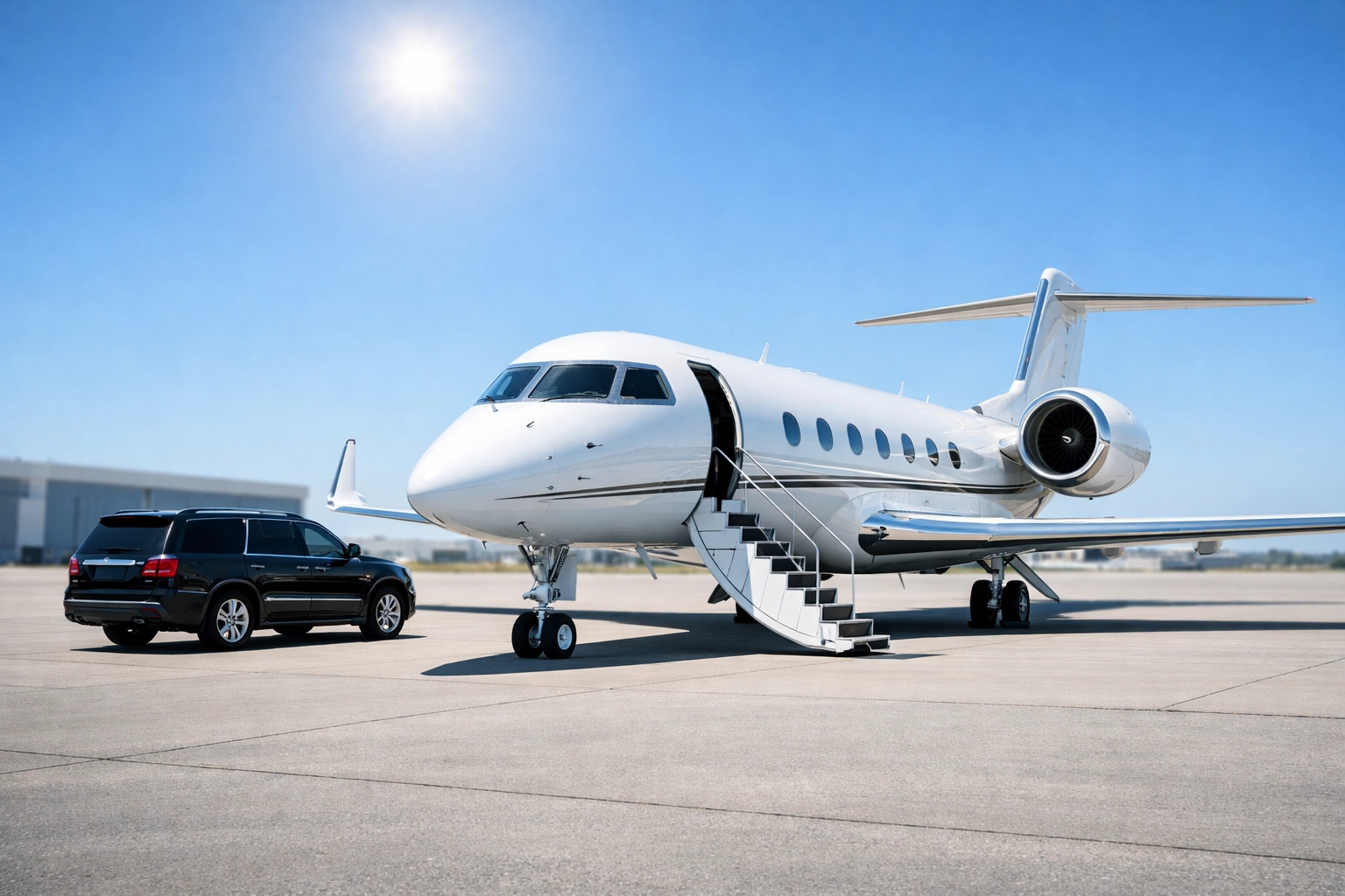 Elite corporate aviation private jet and executive SUV prepared for Super Bowl travel.