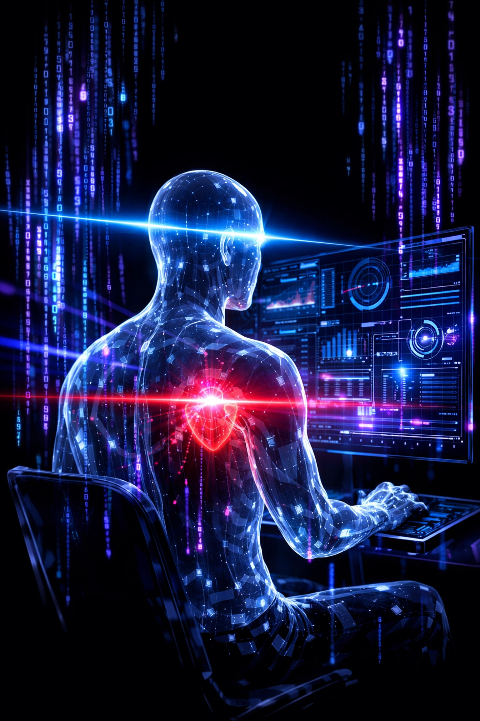 A graduate candidate being analyzed by an AI assessment holographic interface for career readiness.