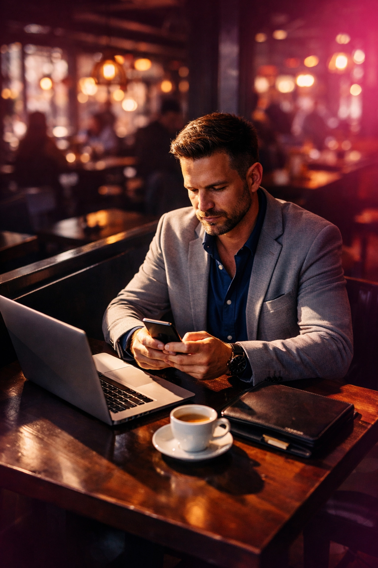Insurance agent working remotely from coffee shop with laptop and smartphone