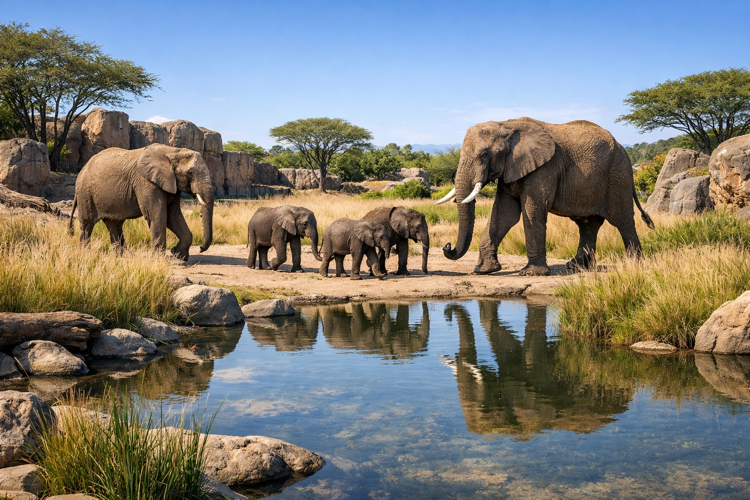 Elephant family navigating a naturalistic savanna-style zoo enclosure highlighting high-quality stock photography.