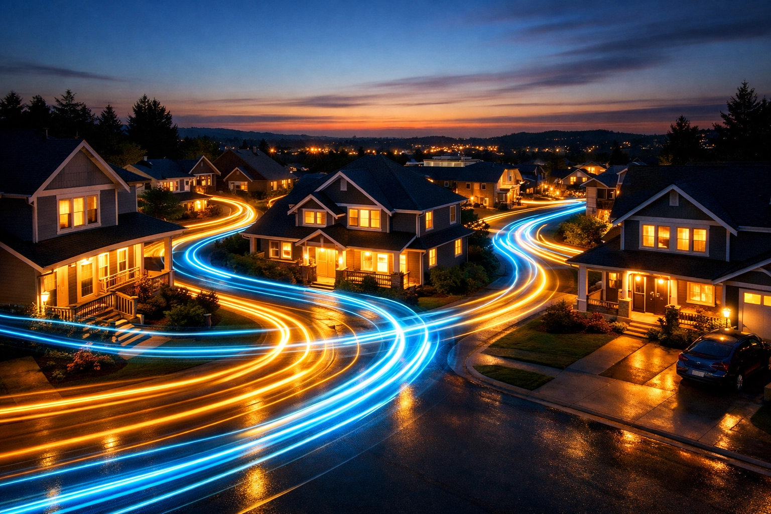 Glowing digital data streams connecting houses in a neighborhood, representing an automated lead funnel.