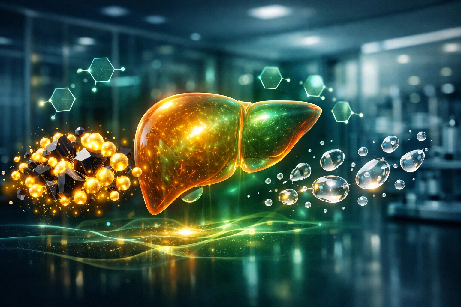 A glowing liver neutralizing toxins through Phase II detoxification support at a medical wellness clinic.