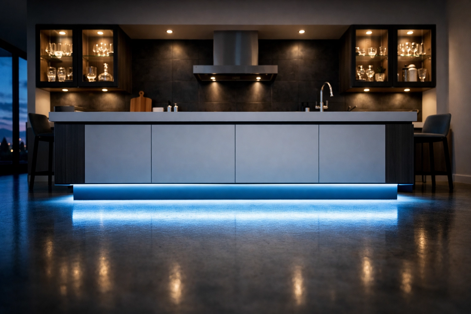 Modern kitchen featuring layered LED toe-kick lighting and glass cabinet accents.