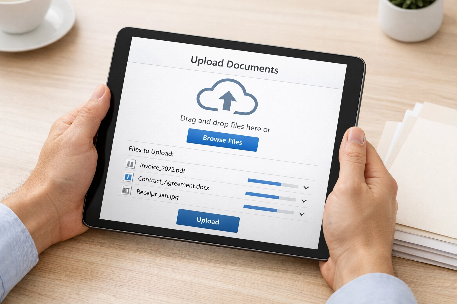 Tax preparer using digital client portal to upload and organize tax documents on tablet