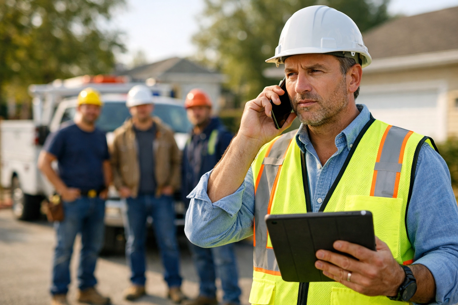 Stressed construction business owner on a call while his crew waits for direction, illustrating a bottleneck.
