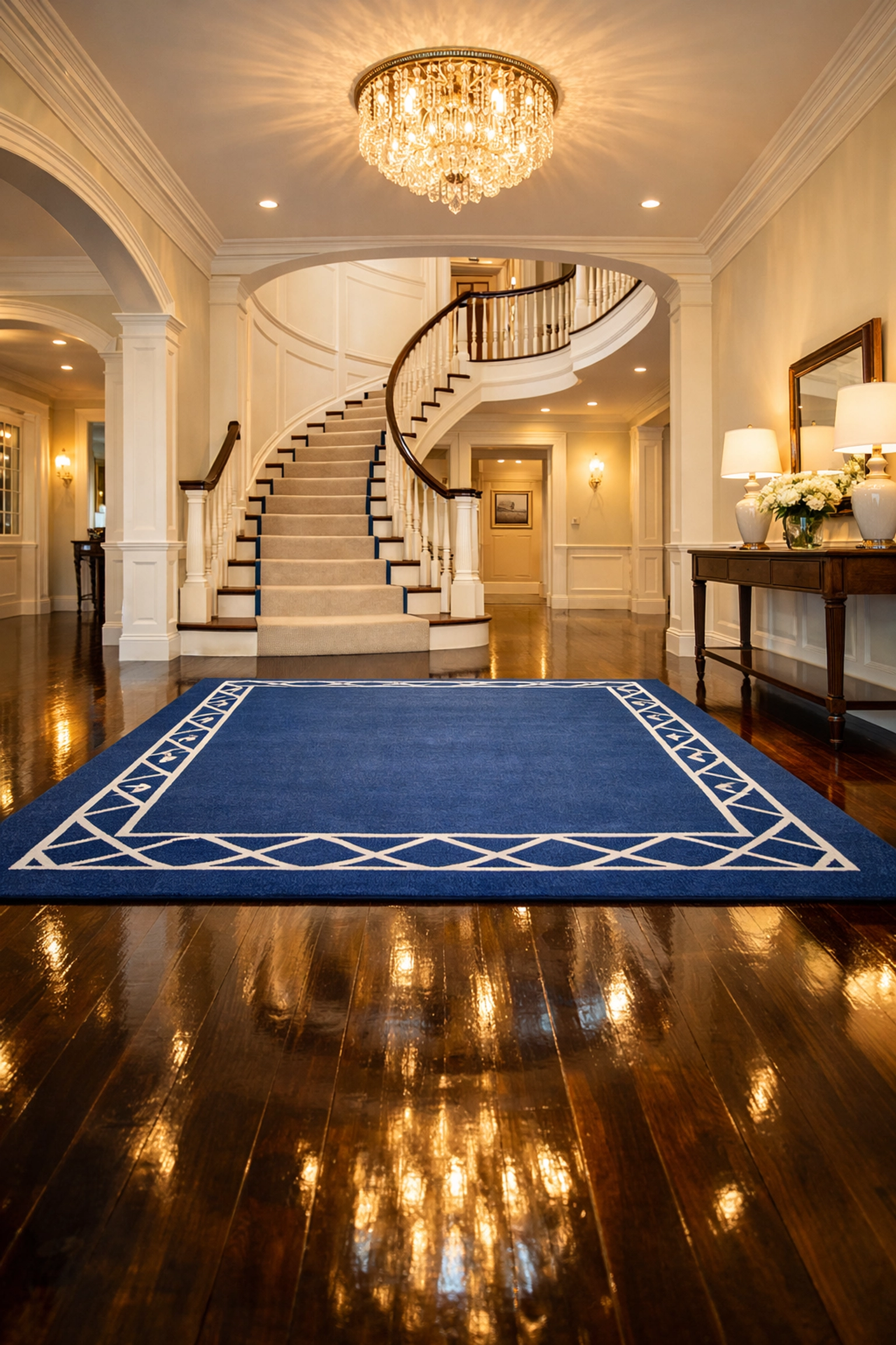 Grand foyer in Wellesley MA with polished hardwood floors from professional cleaning services.