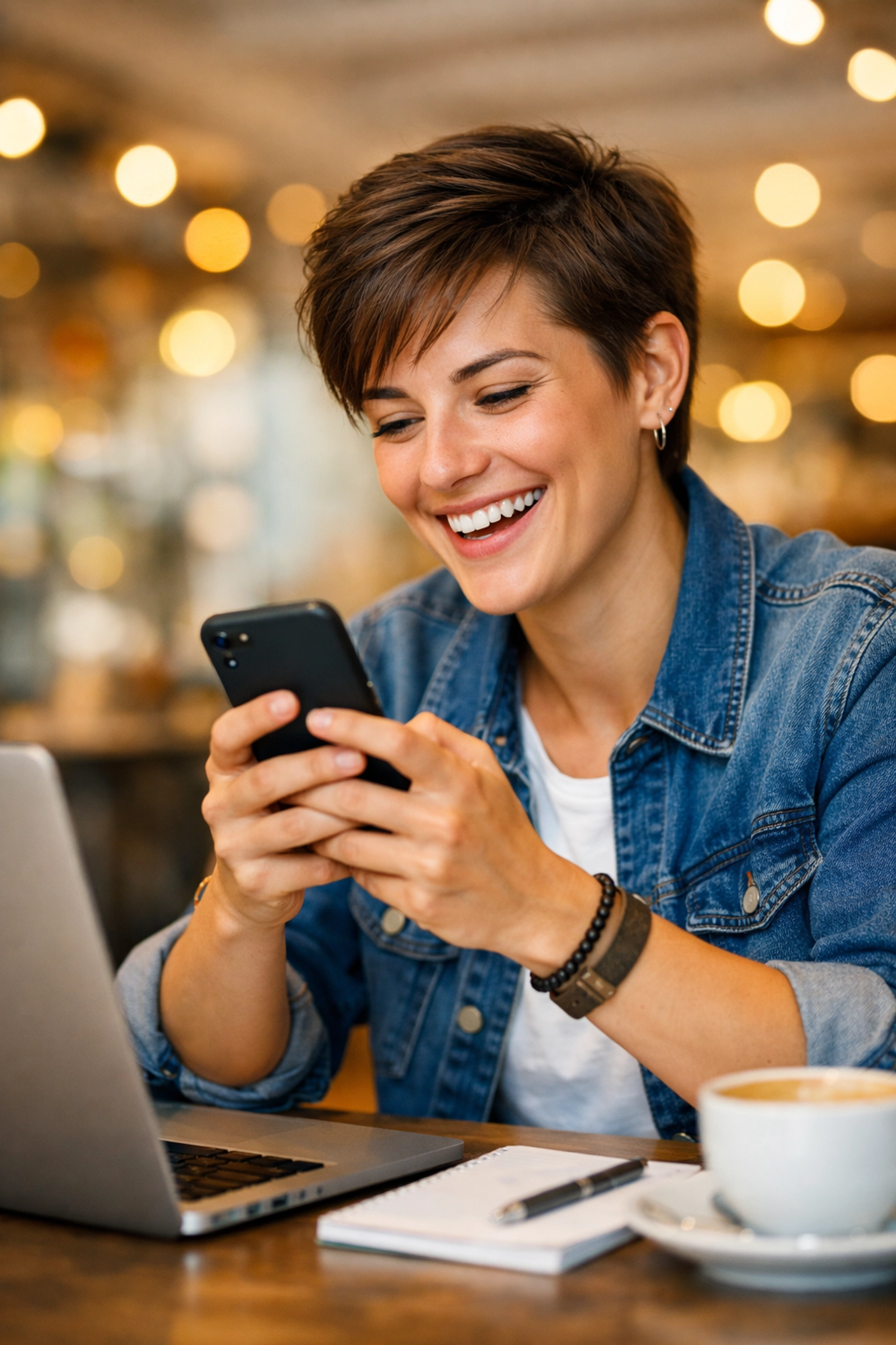 A satisfied customer using a smartphone to find an instant solution through AI self-service technology.