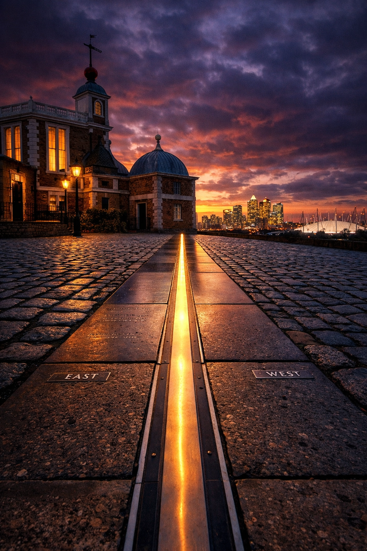 The Prime Meridian line at Greenwich Observatory, the starting point for GMT and global time zones.