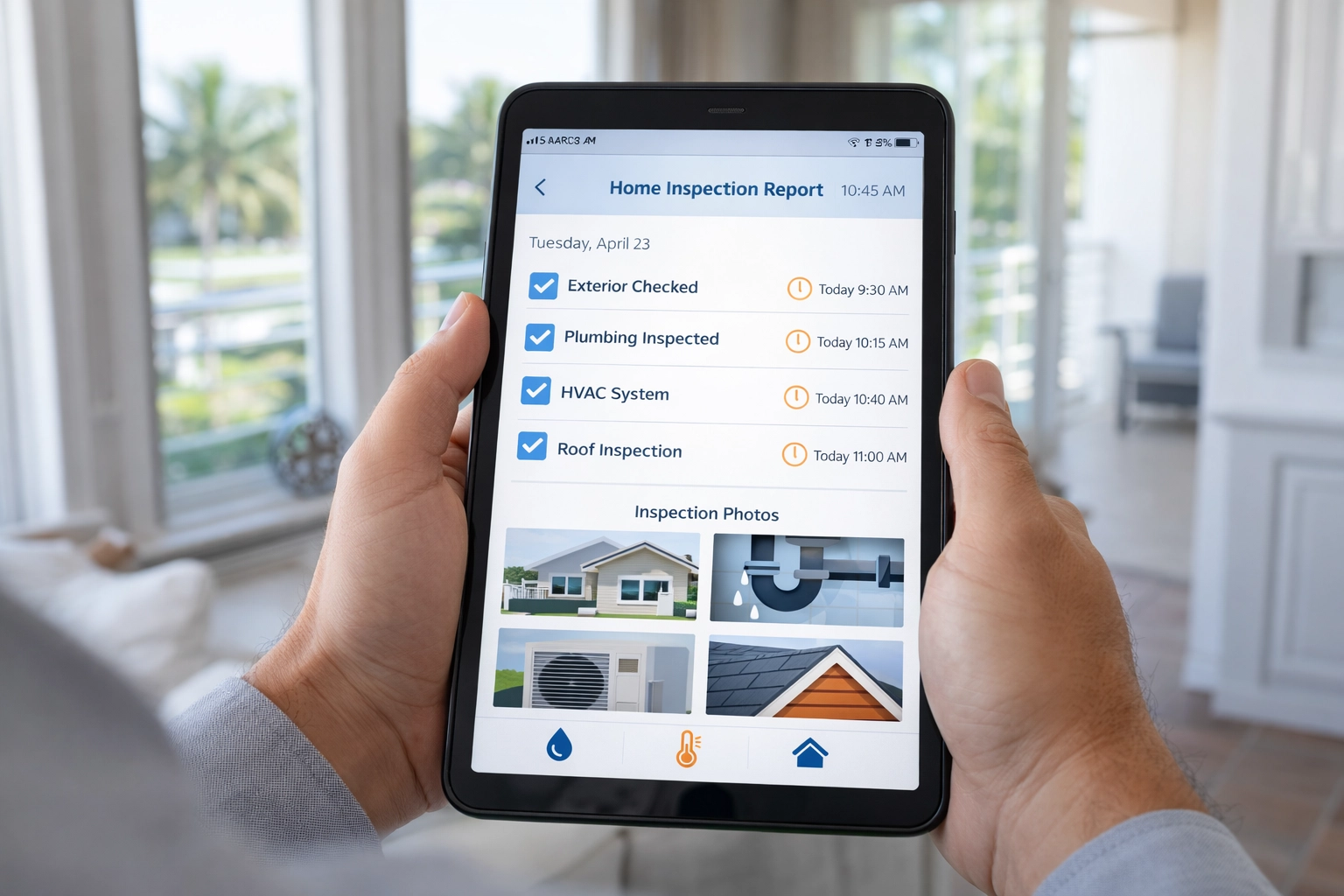 Photorealistic digital home watch inspection report on a tablet with timestamps and photo thumbnails