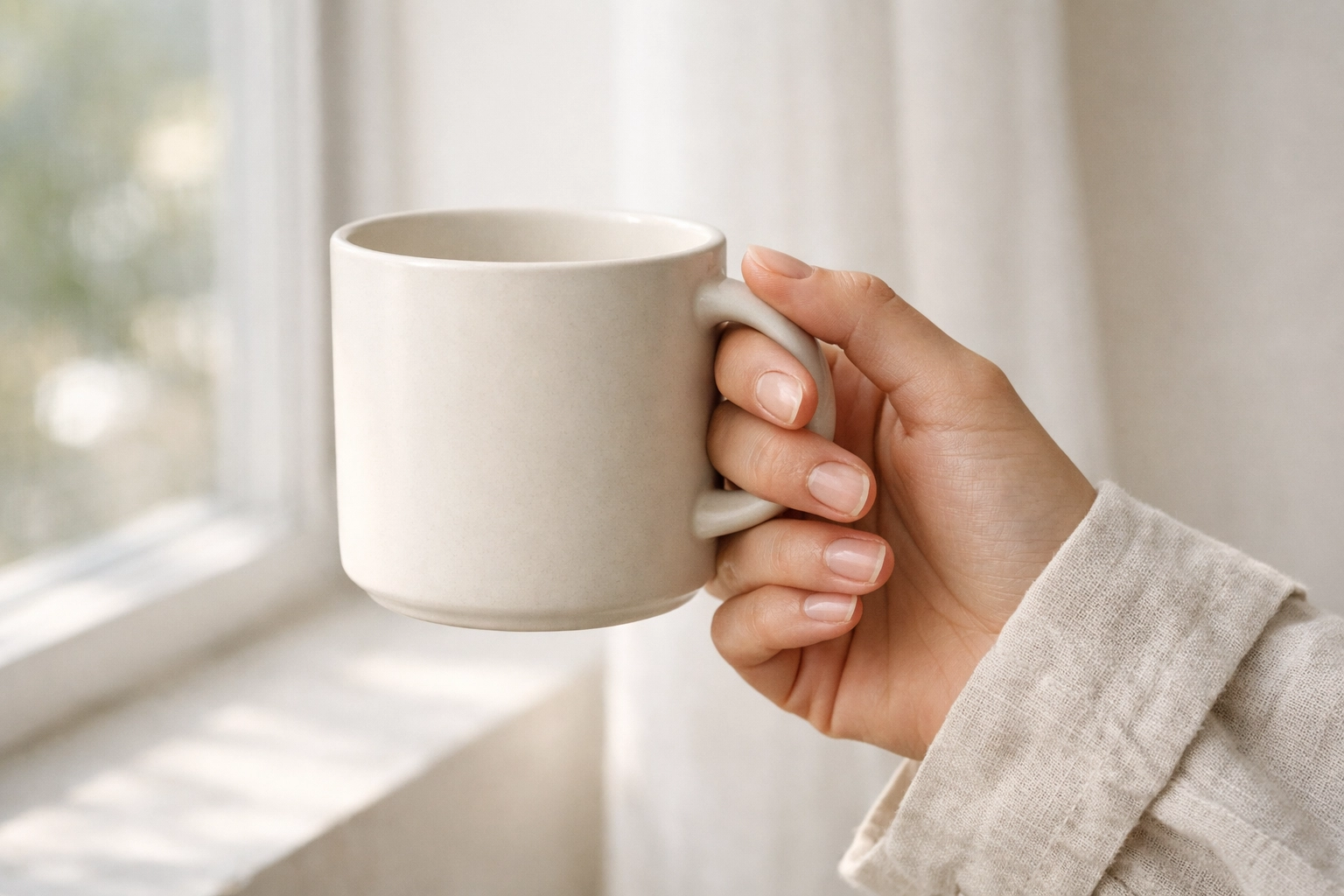 A woman holding a ceramic mug during a morning sanctuary ritual for nervous system regulation.