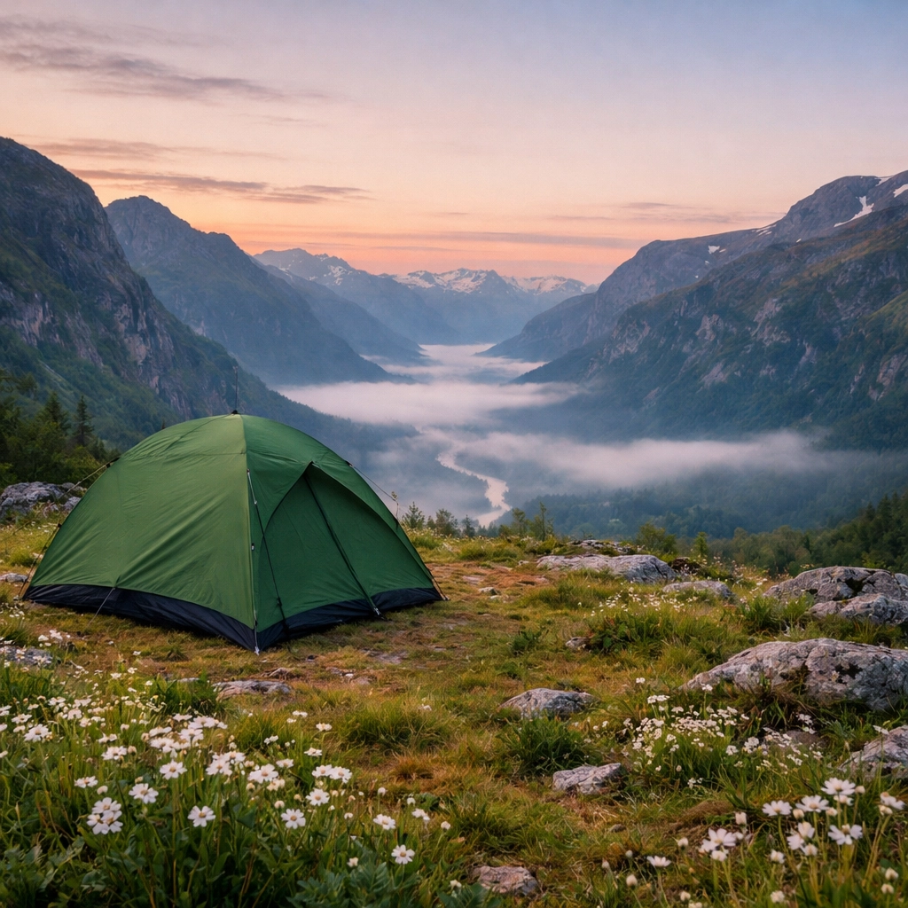 Wild camping tent on flat ridge at dawn, a confident UK camping adventure spot