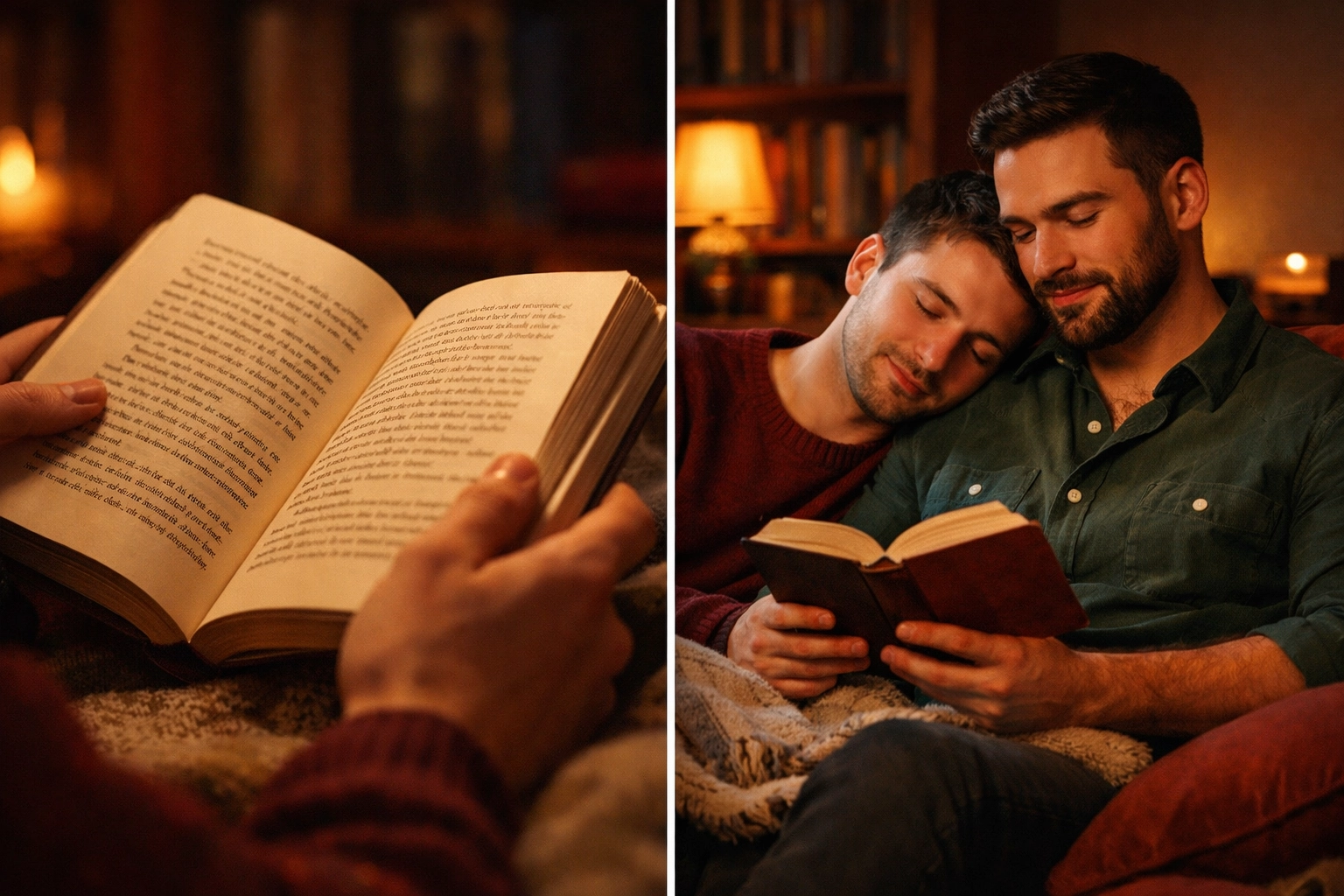 Gay couple reading MM romance books together on couch - authentic queer love