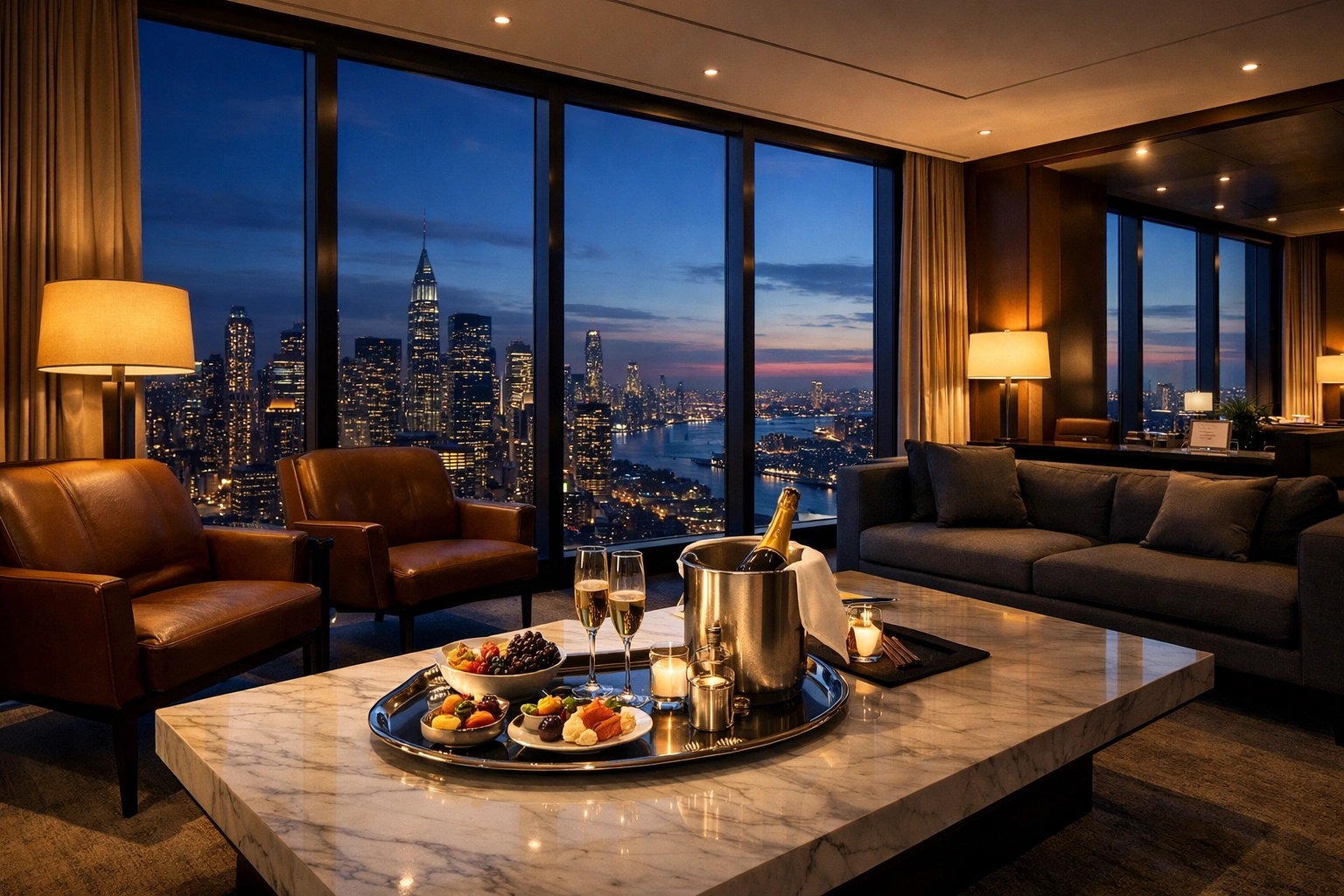 Premium executive hotel suite with city views showcasing luxury Super Bowl travel comfort.