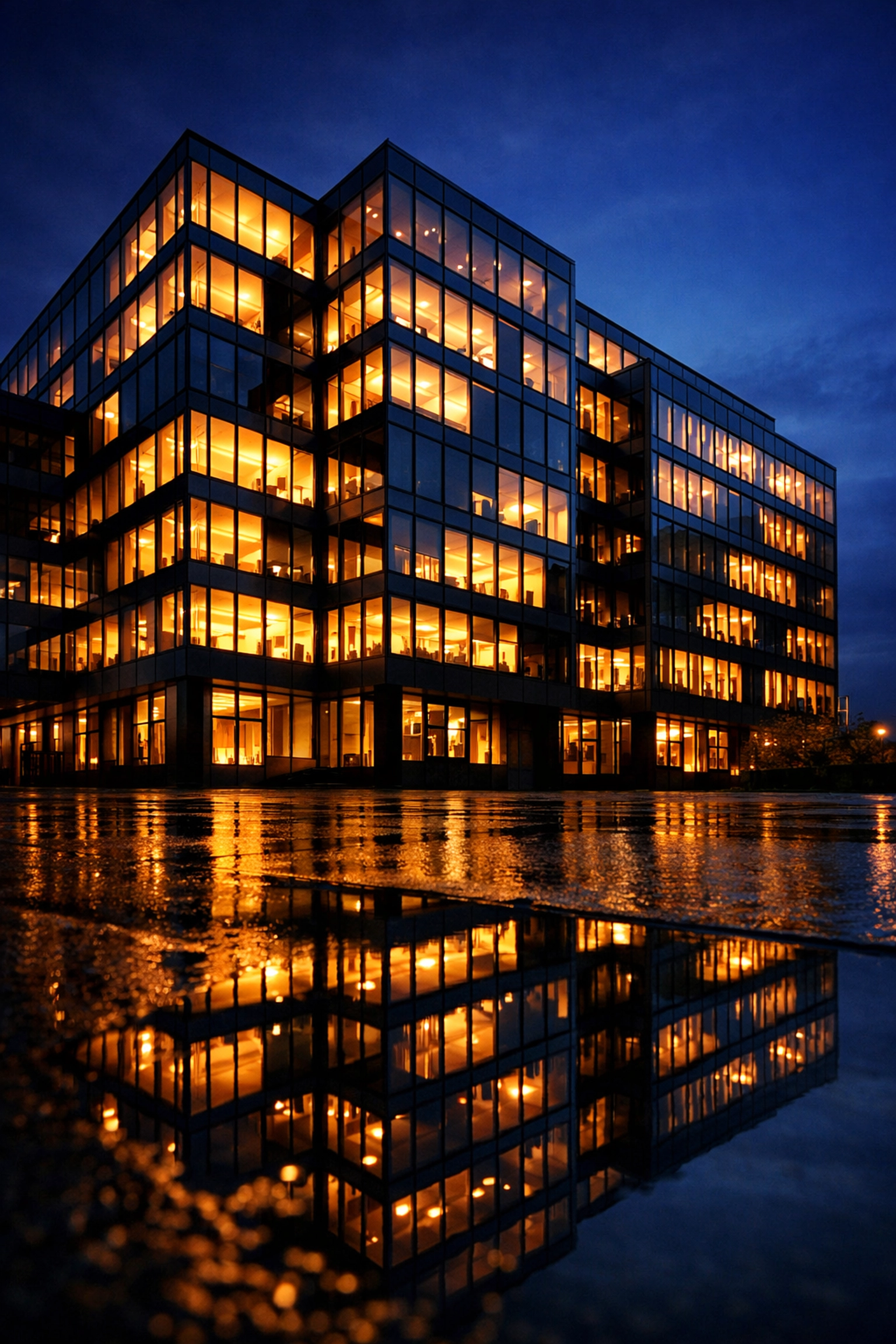 Modern office building at dusk illustrating corporate fraud risk and business security concerns