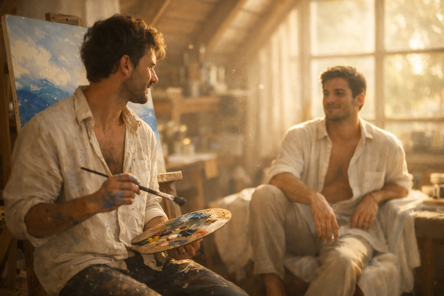 A male artist painting his partner in a sunlit studio, capturing the quiet intimacy found in MM romance novels.