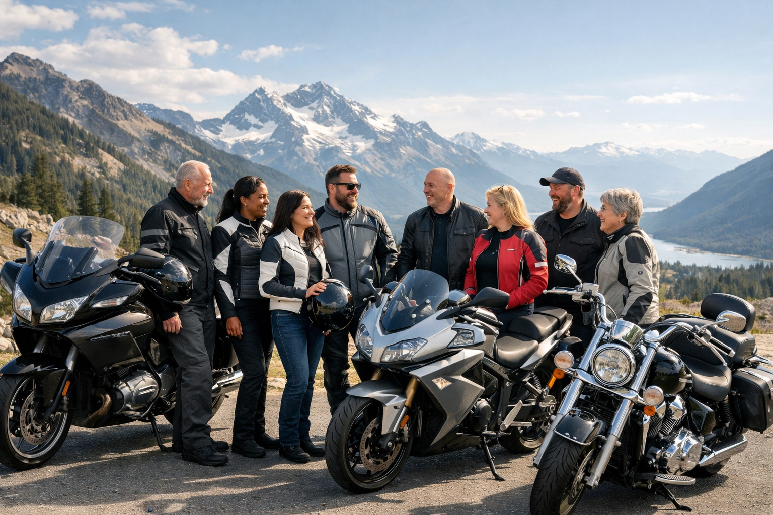 Diverse group of motorcycle riders sharing safety tips with cruisers and sportbikes at a scenic overlook.
