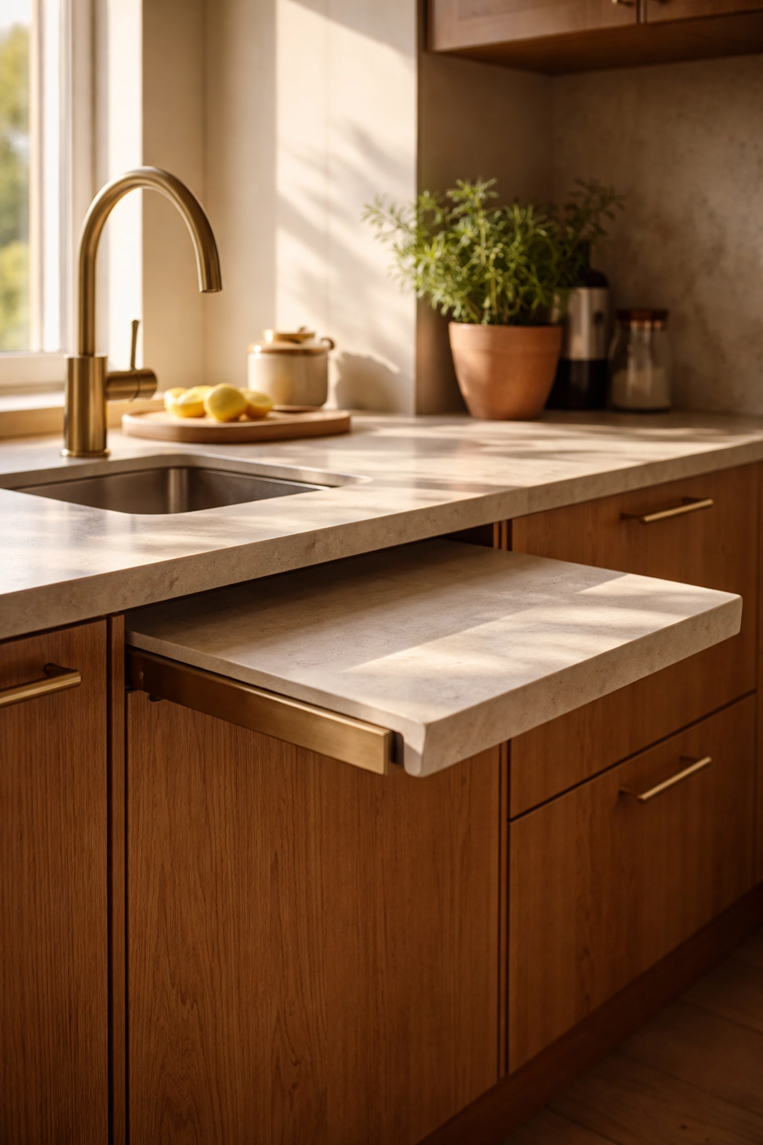 Accessible kitchen detail showing pull-out worktop and brass tap in a Derby project-managed kitchen