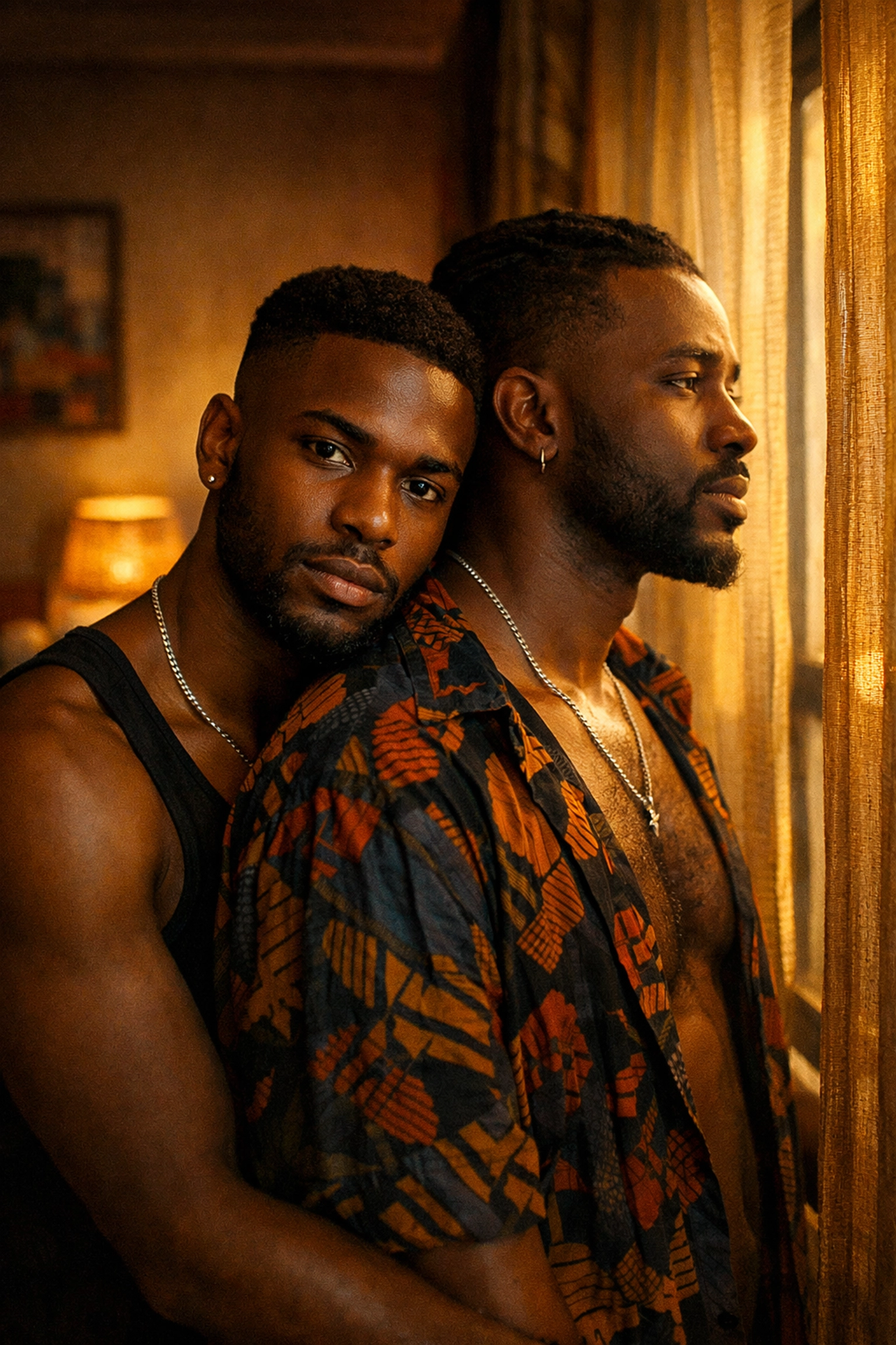 Two Black gay men in Lagos apartment showing intimacy and resilience despite legal restrictions
